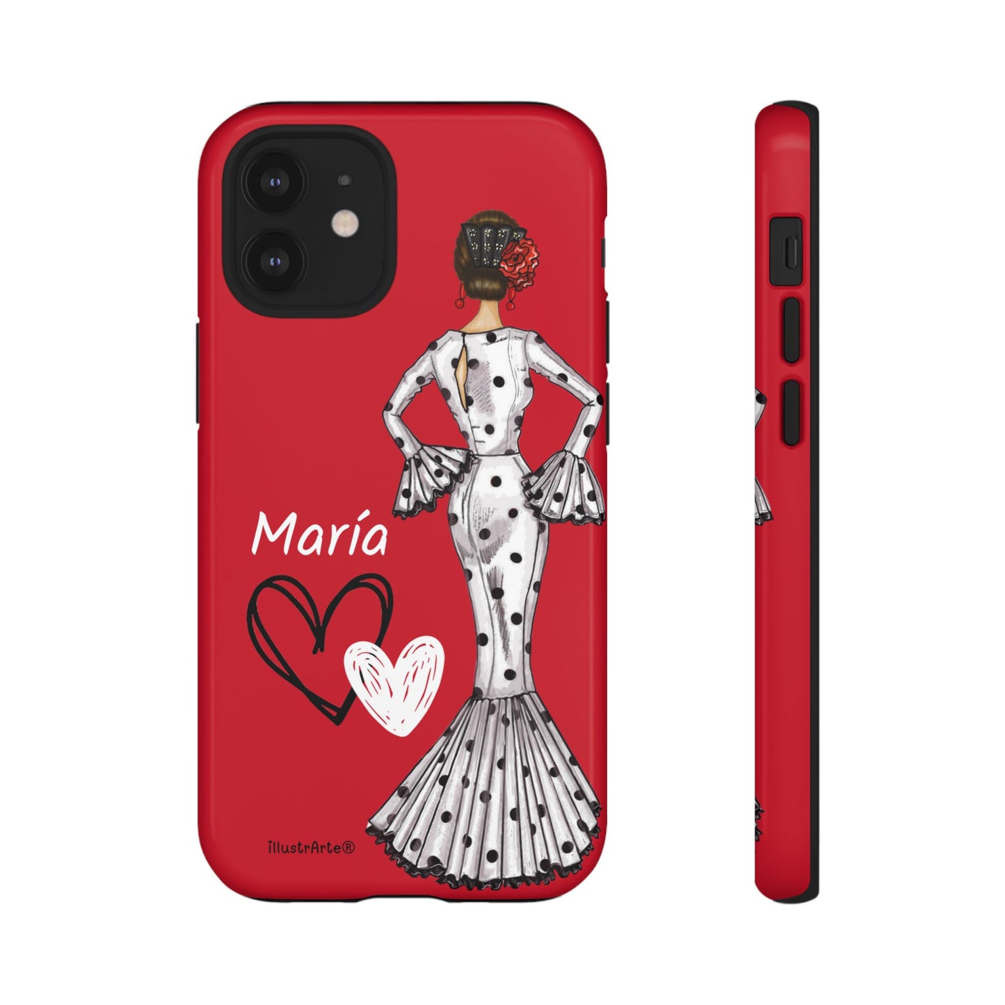 Personalized Maria phone case, white with red hearts background – for iPhone, Samsung, Pixel