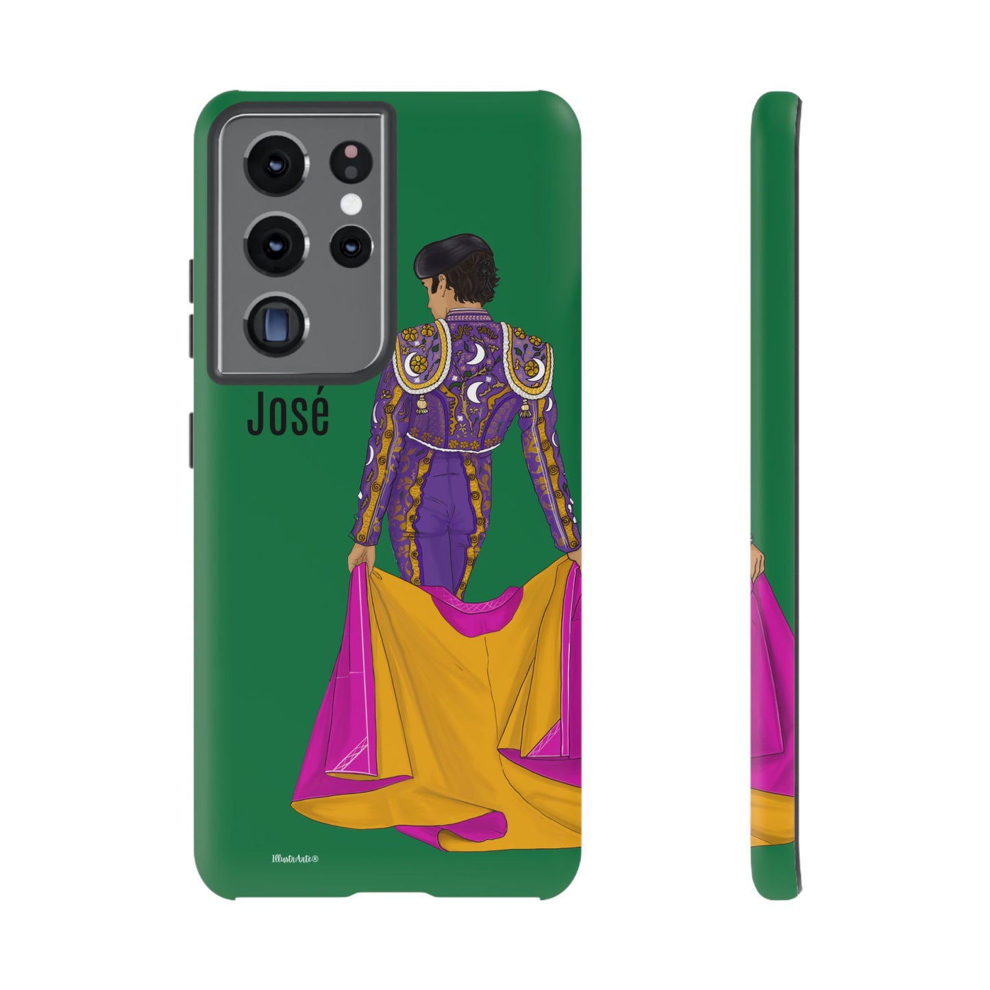 una funda de teléfono con una imagen de un hombre en un atuendo púrpura y amarillo