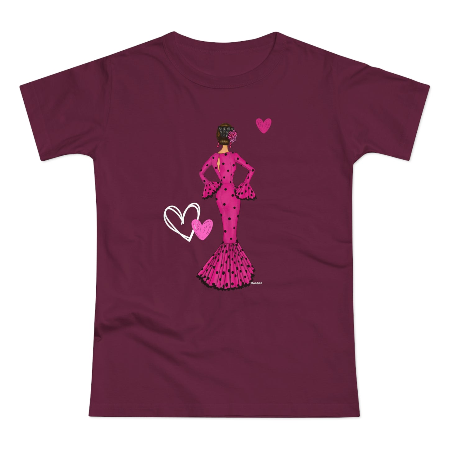 a t - shirt with a woman in a pink dress holding a heart