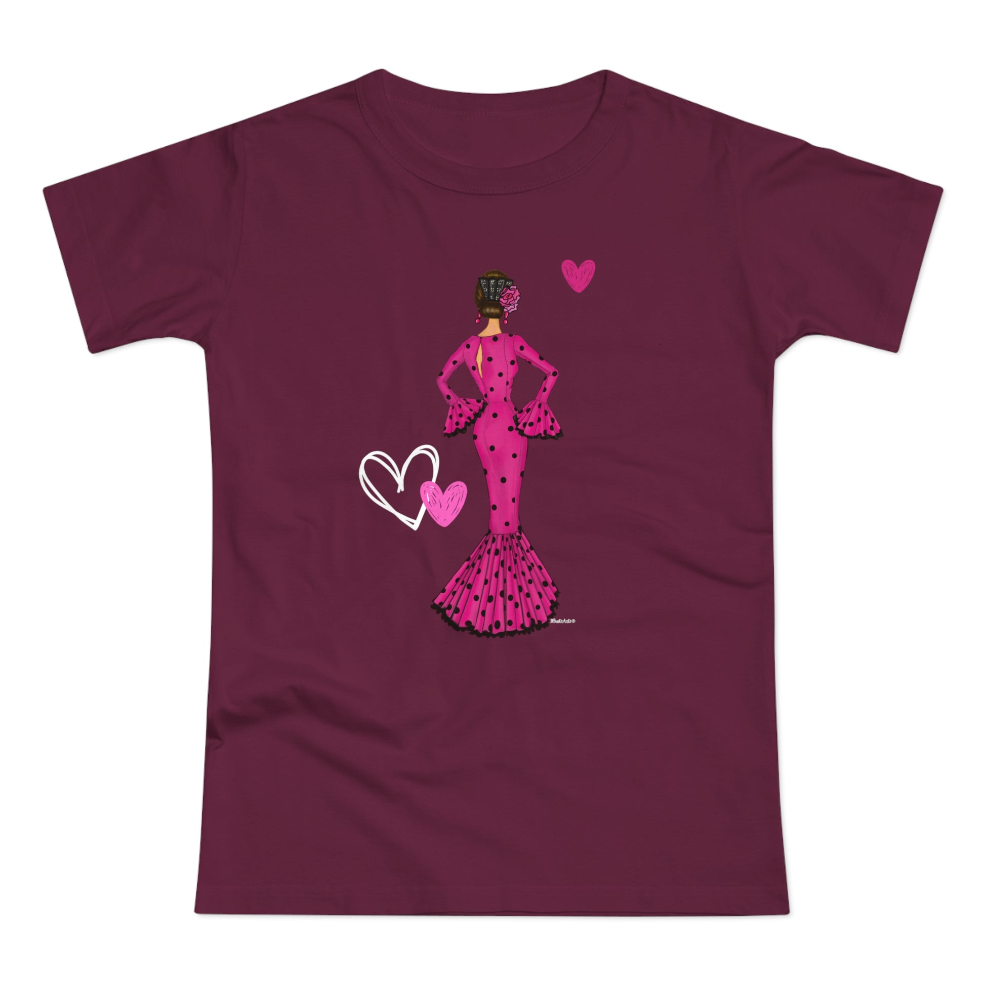 a t - shirt with a woman in a pink dress holding a heart