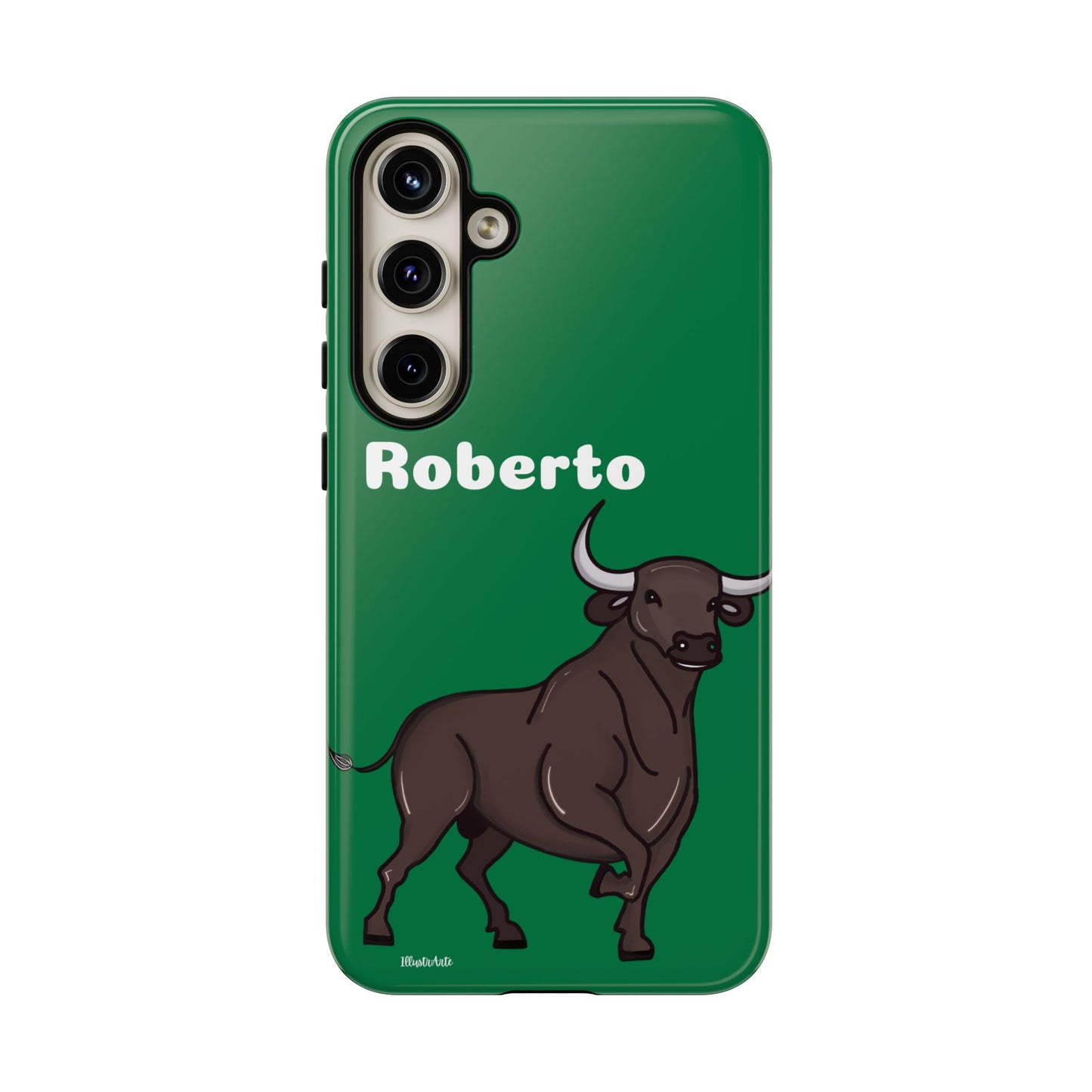 una funda de teléfono verde con un toro en ella