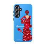 Personalised phone case flamenco dancer Macarena, blue background for Samsung Galaxy S25 Plus, gloss finish – illustrArte