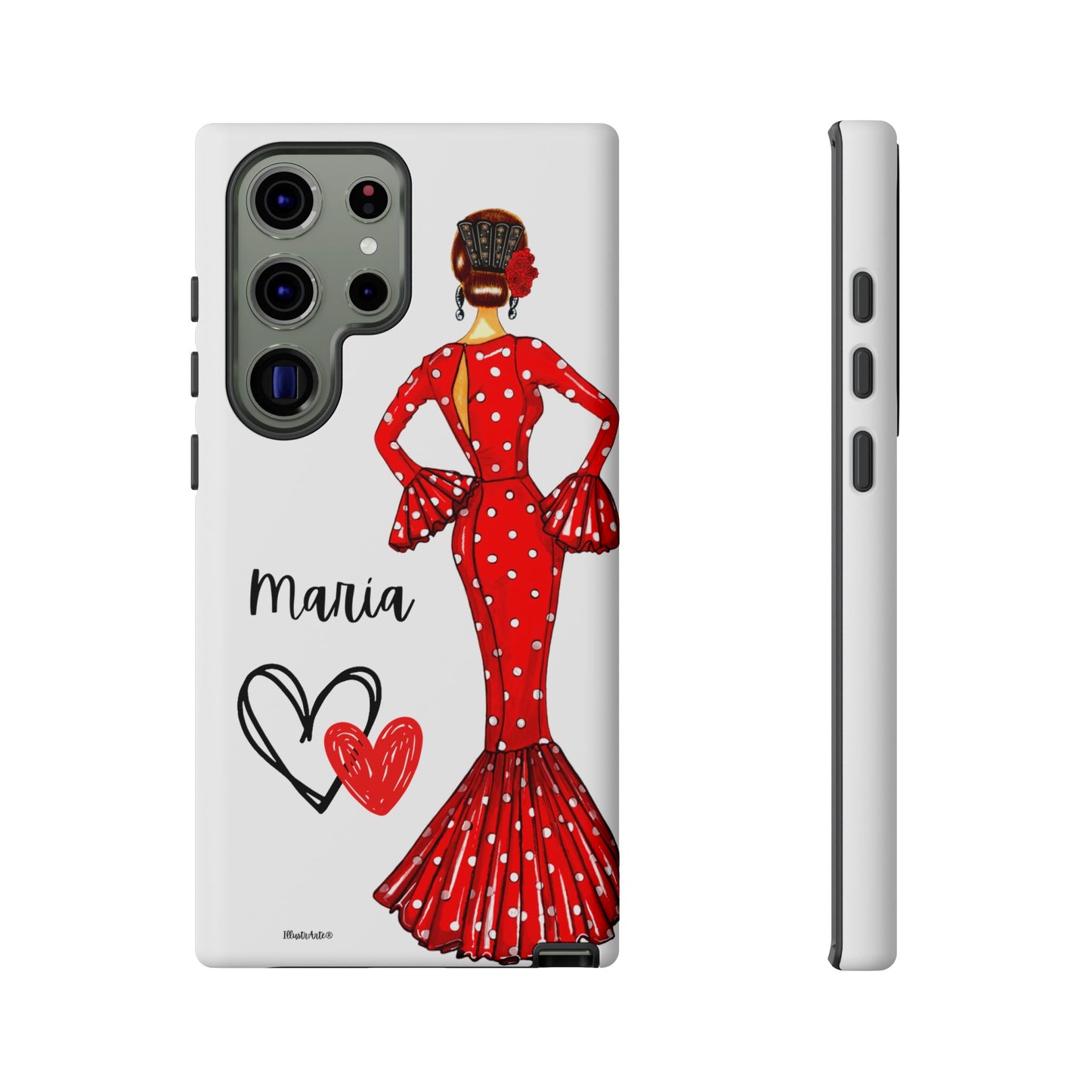 una funda de teléfono con una mujer en un vestido rojo