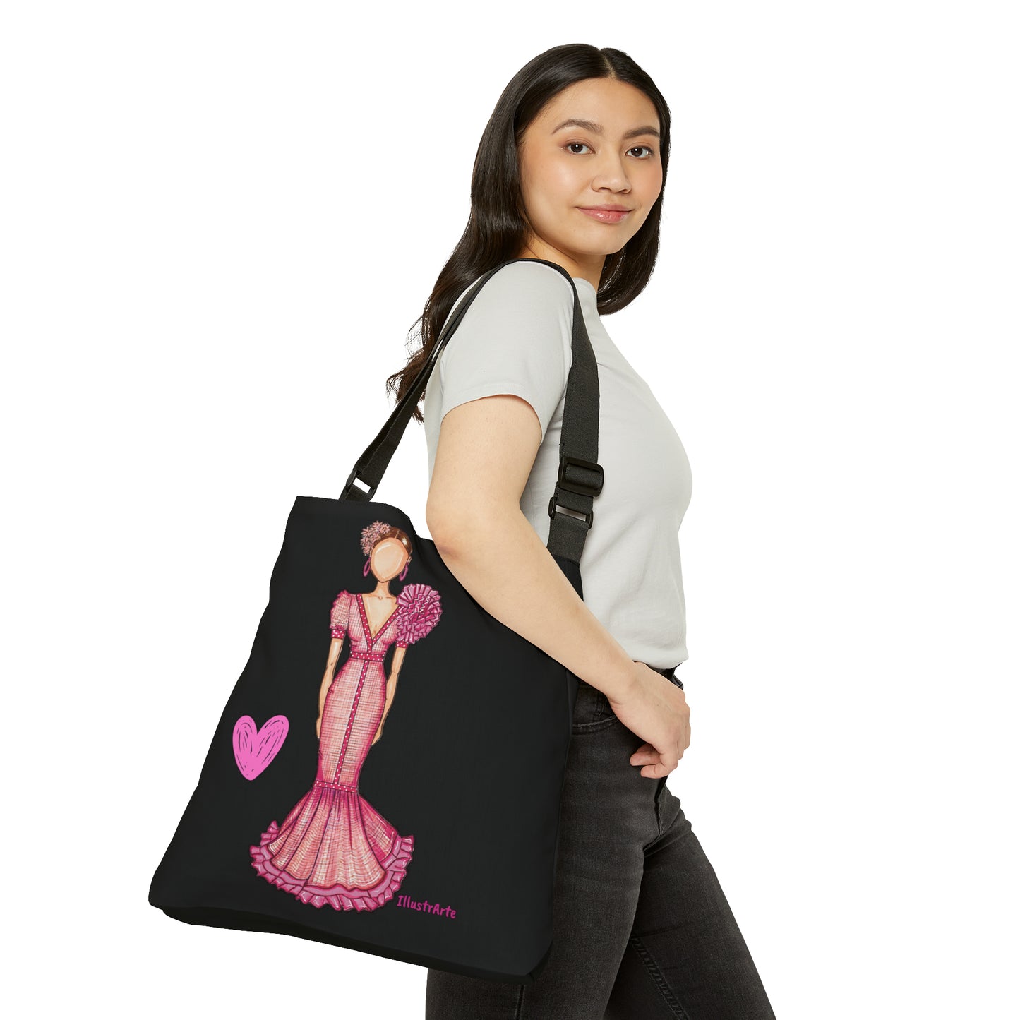 Flamenco Dancer Tote Bag with zip, pink dress and a pink heart design. - IllustrArte