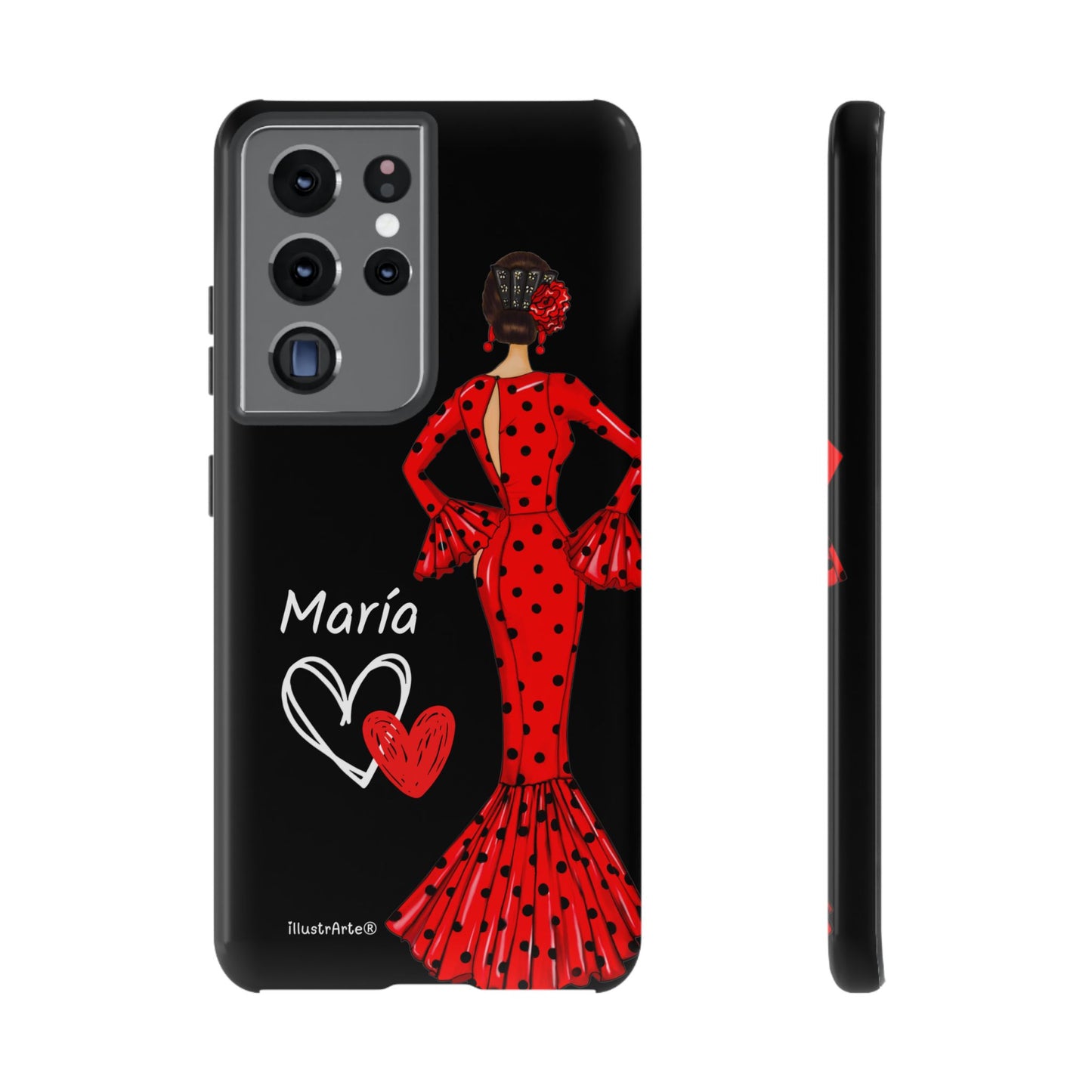 Capa de celular personalizável com nome/bandeira/Virgem - modelo Red Maria com cabelo escuro, fundo preto, para iPhone, Samsung e Google Pixel