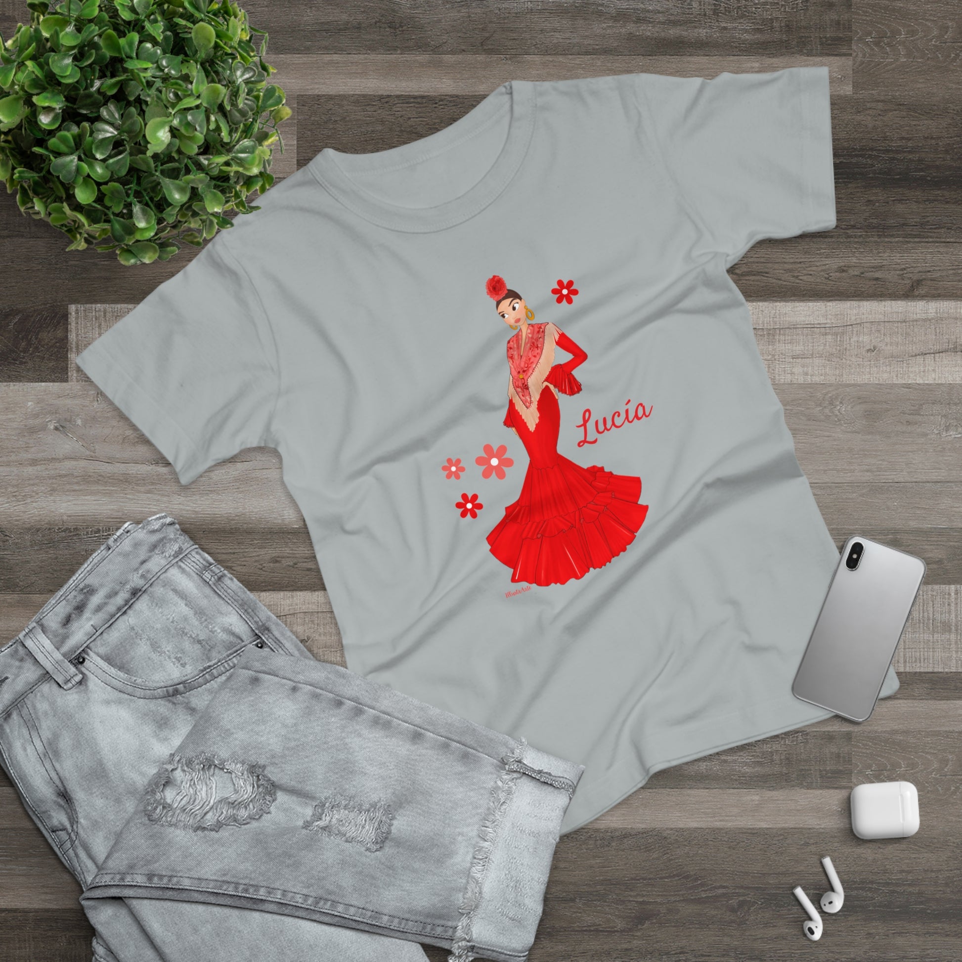 a t - shirt with a picture of a woman in a red dress