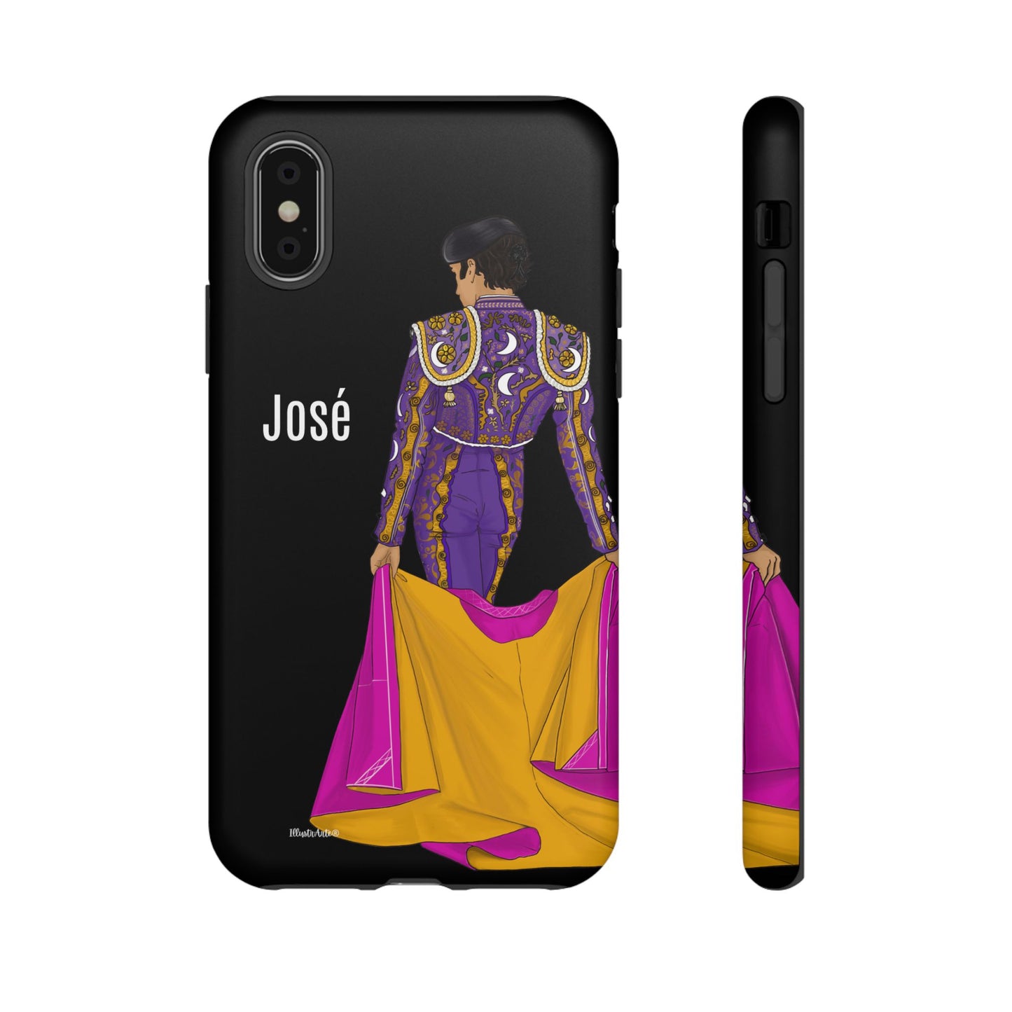 una funda de teléfono con una imagen de una mujer en un traje morado y amarillo