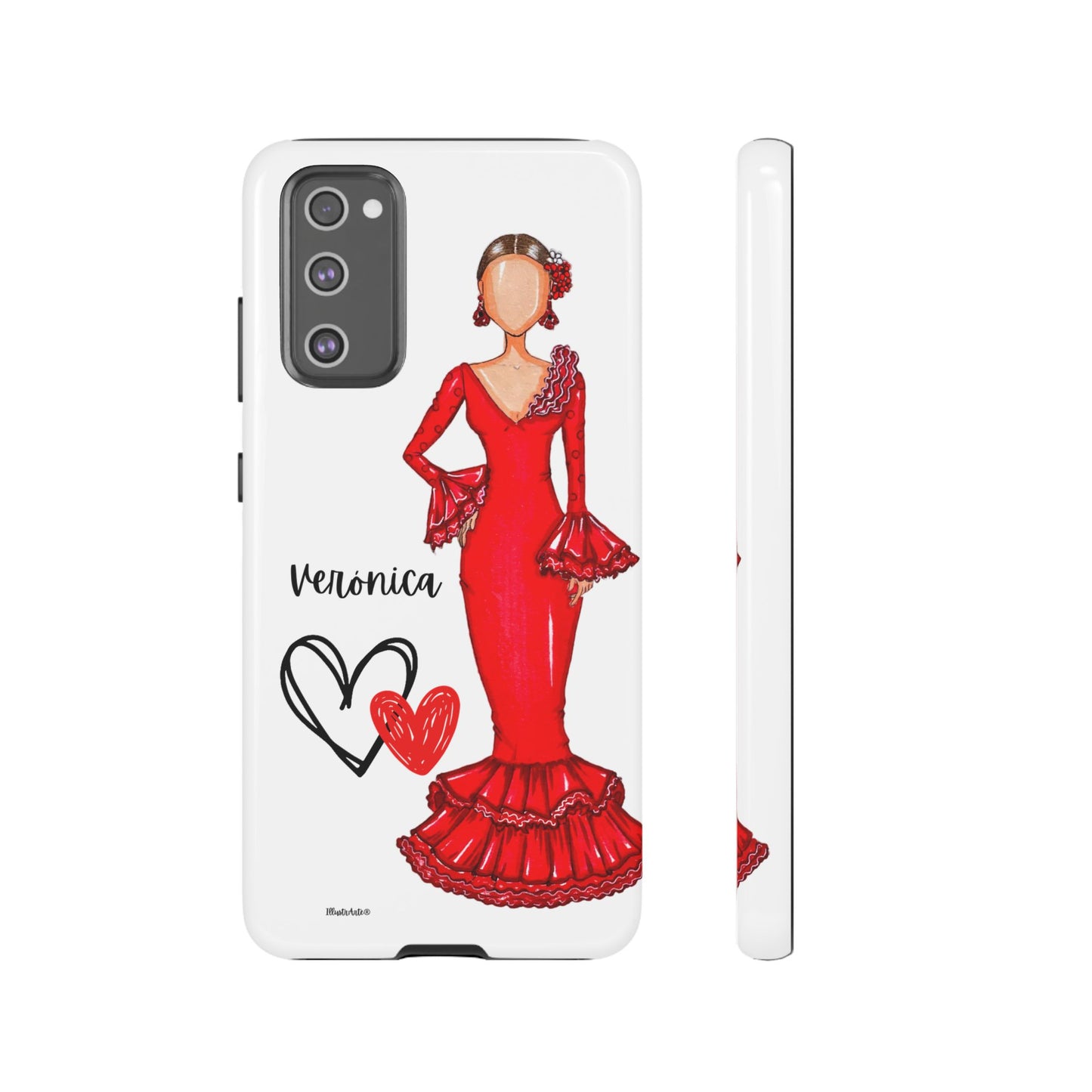 una funda de teléfono con un dibujo de una mujer en un vestido rojo