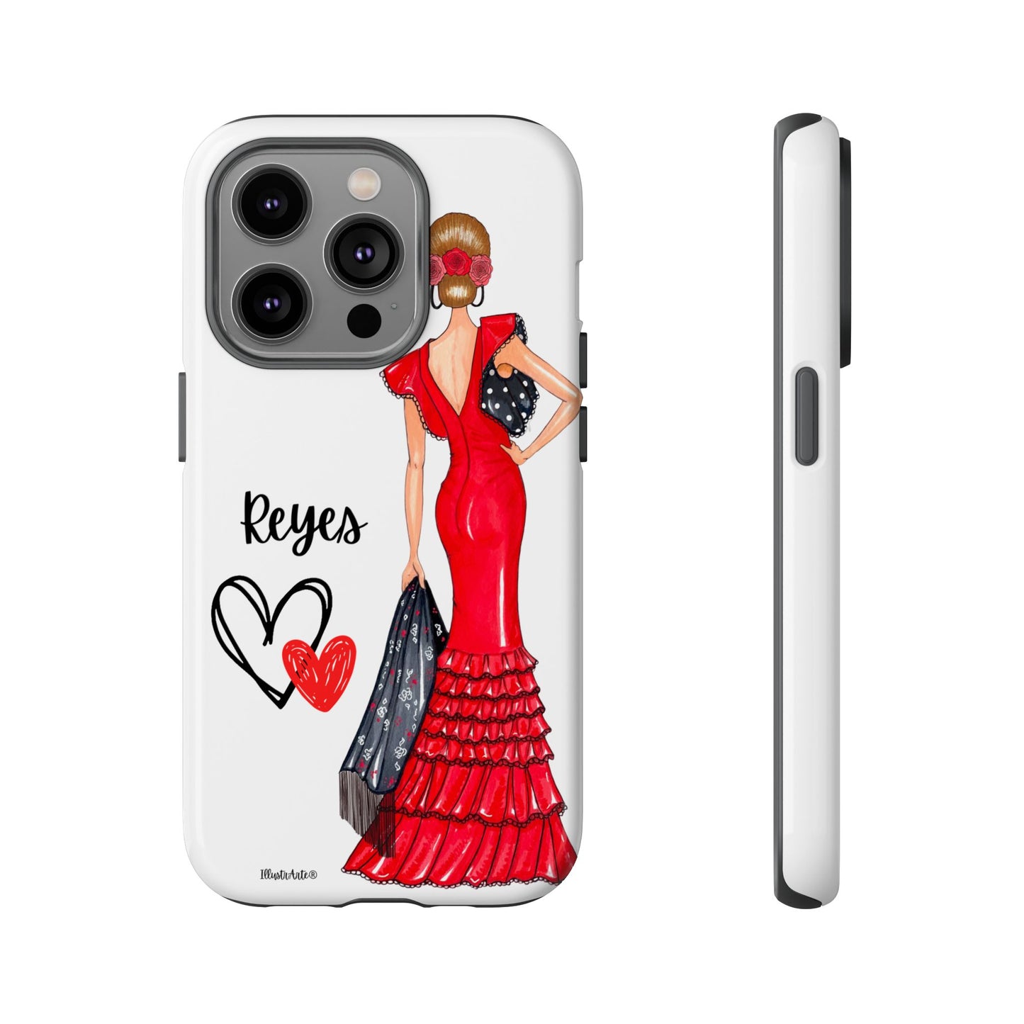 una funda de teléfono con una mujer en un vestido rojo