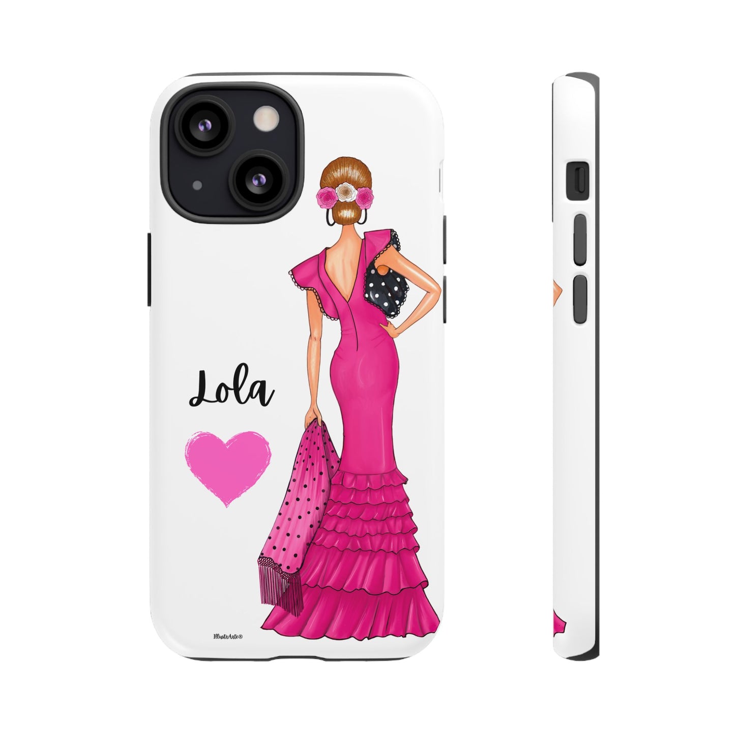 Funda de teléfono personalizable con nombre/bandera/Virgen - Modelo Manuela vestido rosa mostrando su funcionalidad.