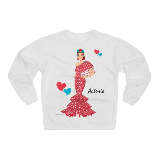 Sudadera Personalizable  - Flamenca Antonia, fondo blanco - Arte, color y comodidad en una sola prenda
