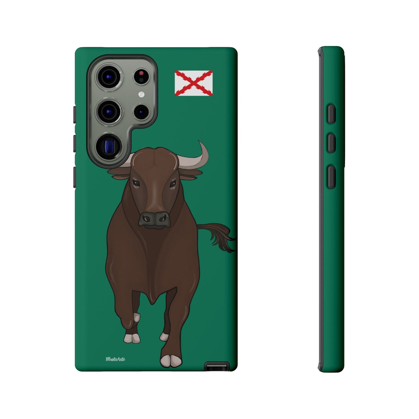 una funda de teléfono con una imagen de un toro en ella