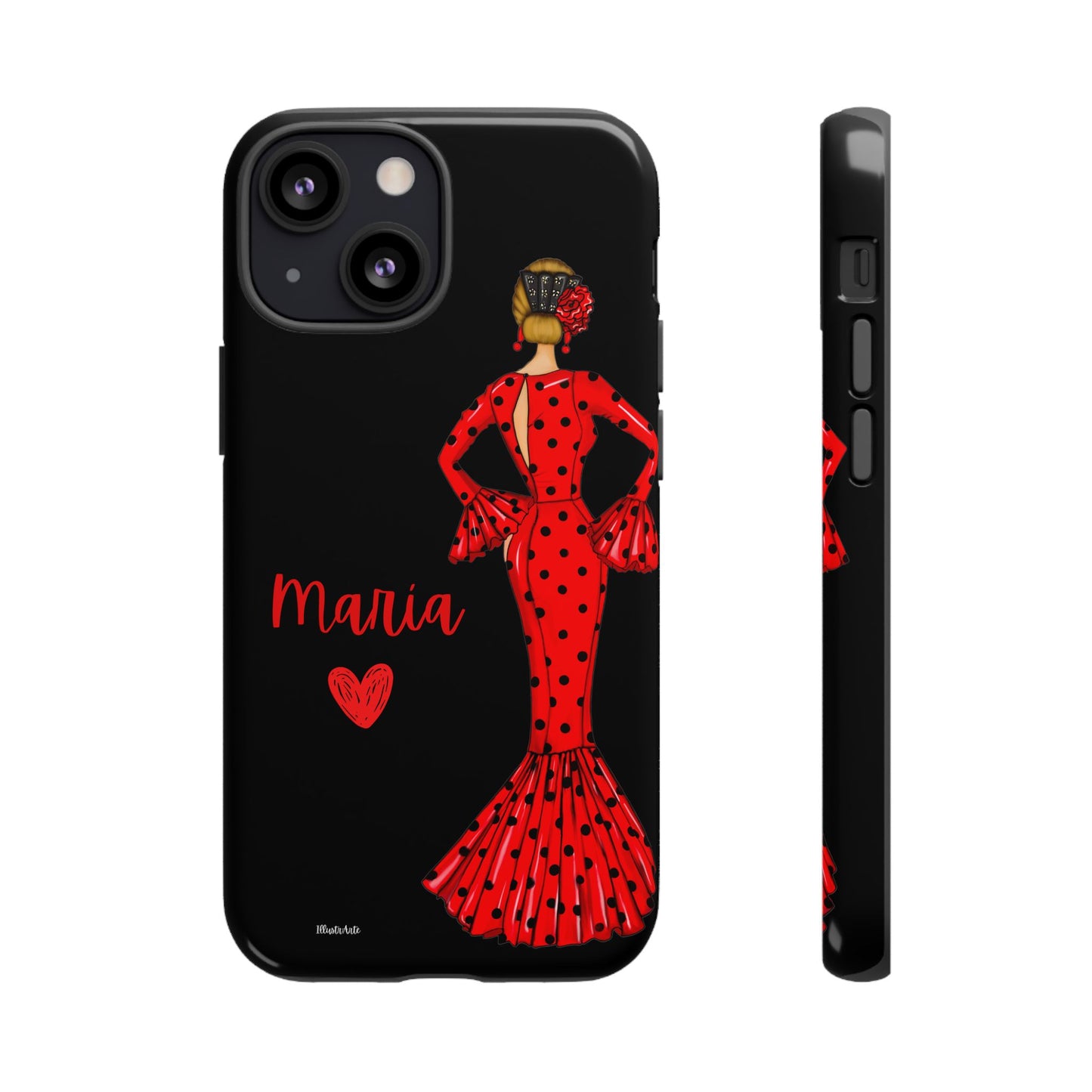 una funda de teléfono con una mujer en un vestido rojo