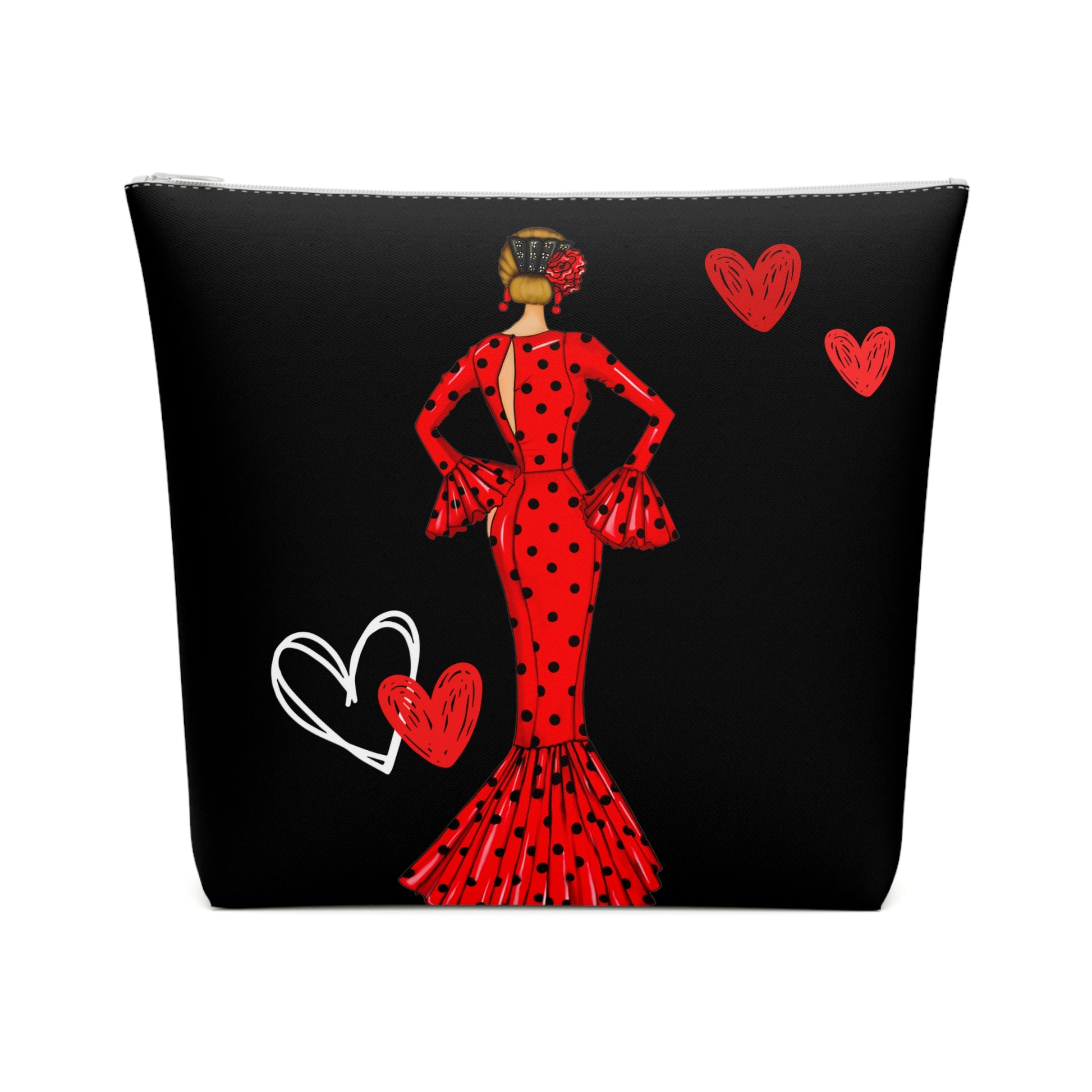 a woman in a red dress with hearts on a black background