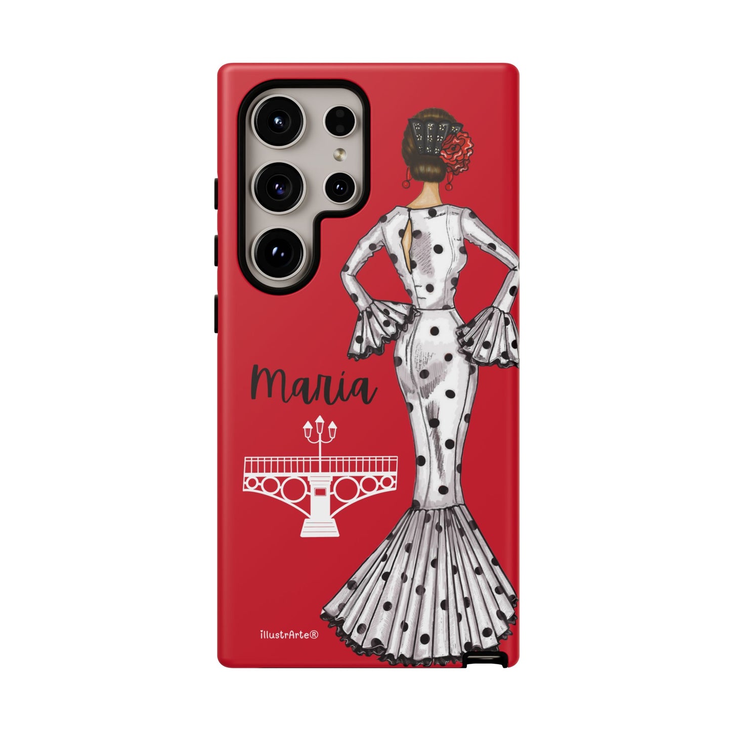 Funda de teléfono personalizada con diseño flamenco de María, ideal para iPhone y Samsung.