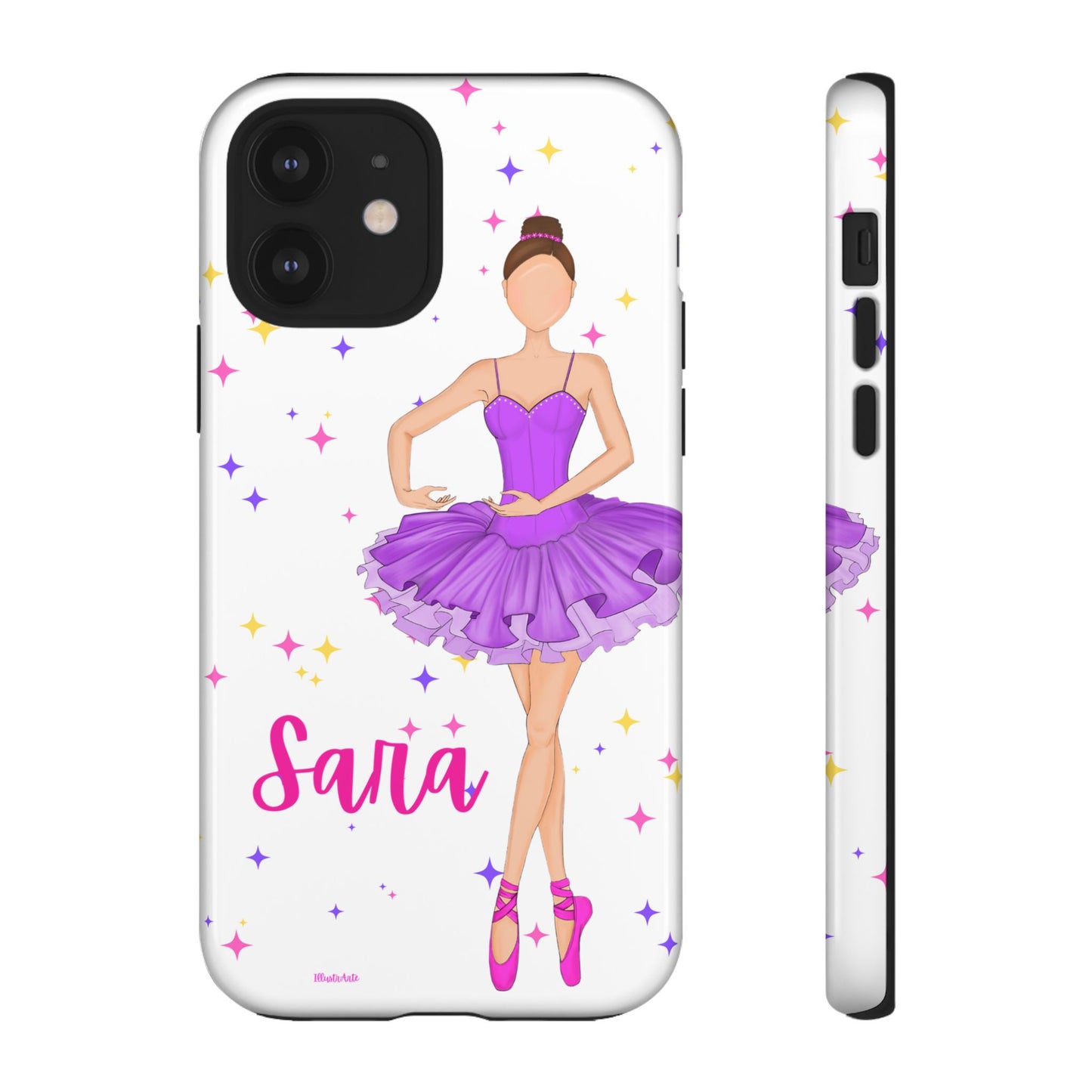 una funda de teléfono con una niña en un vestido púrpura