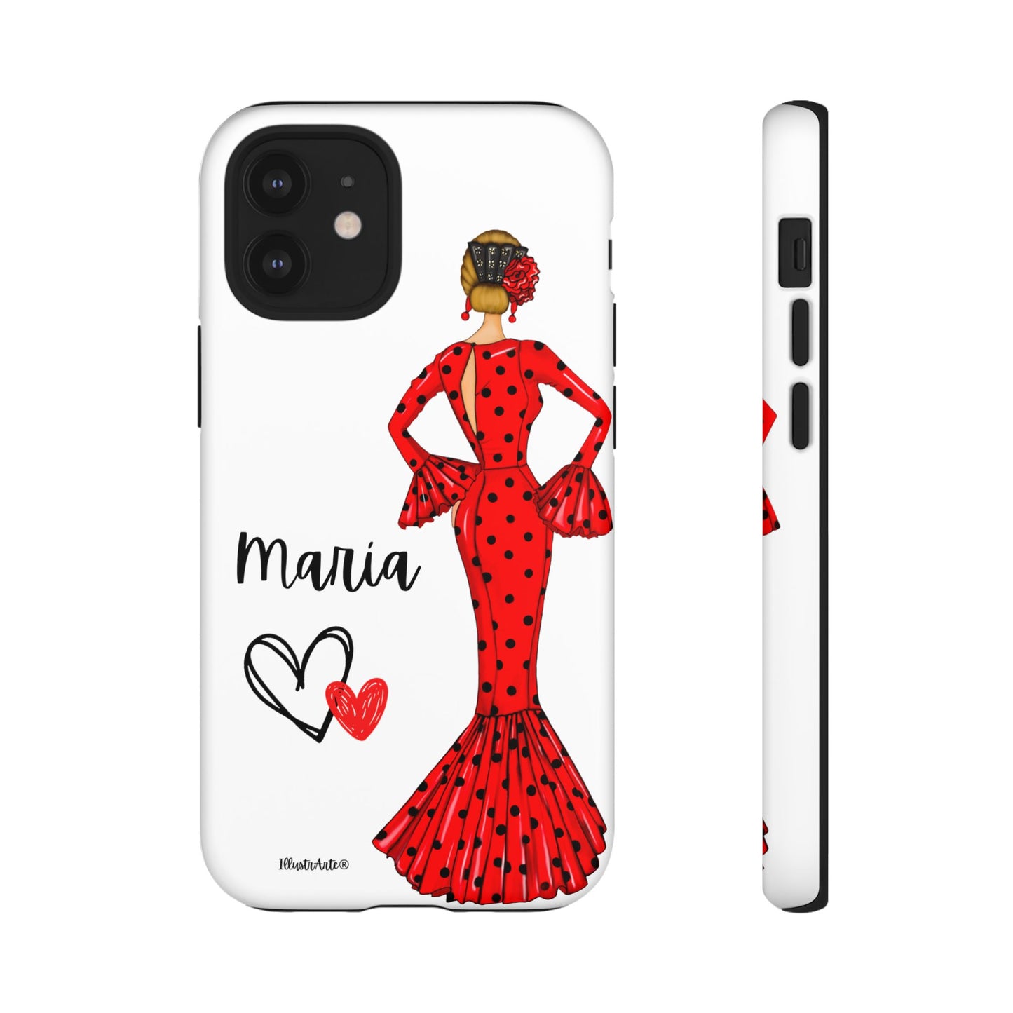 una funda de teléfono con una mujer en un vestido rojo