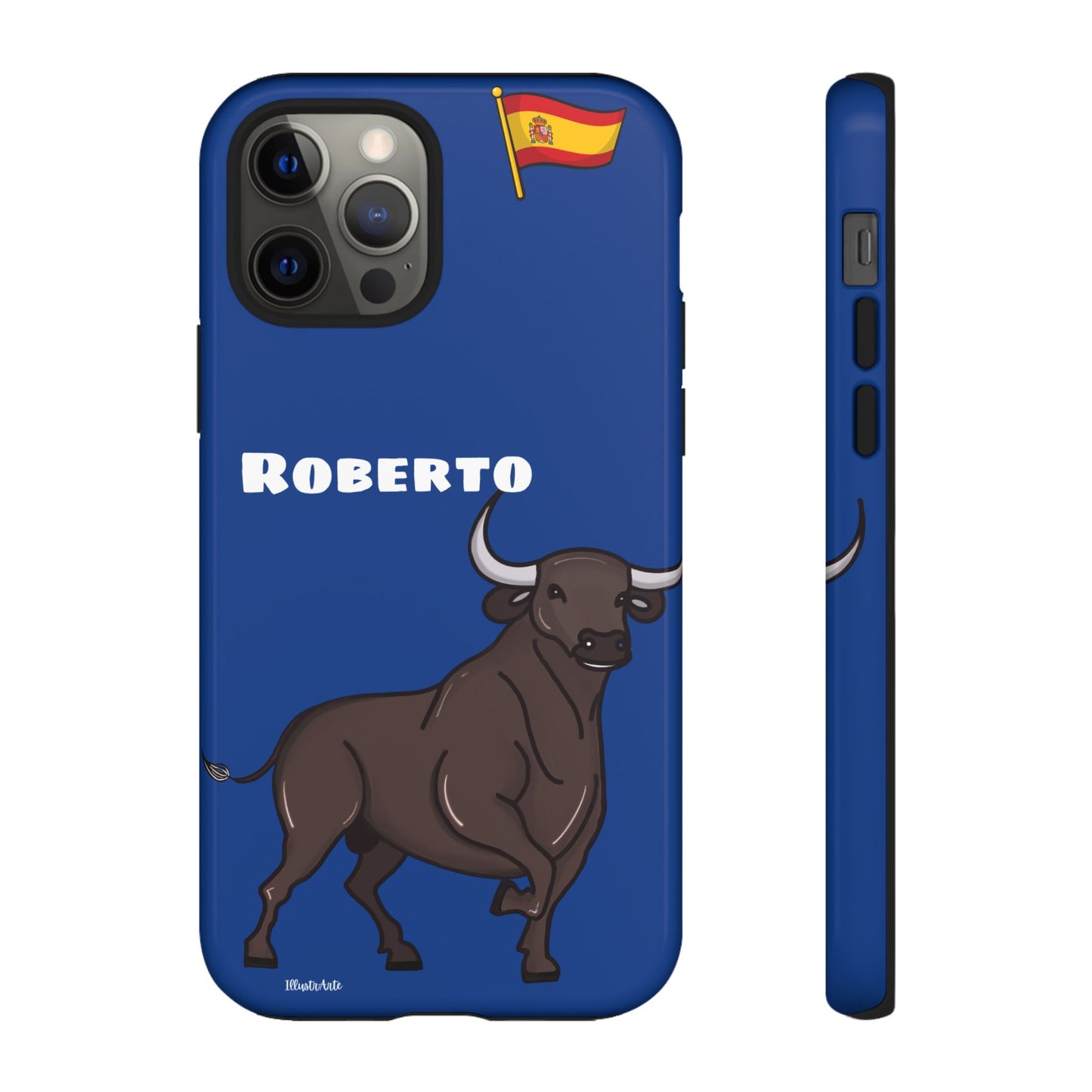 una funda de teléfono azul con un toro en ella