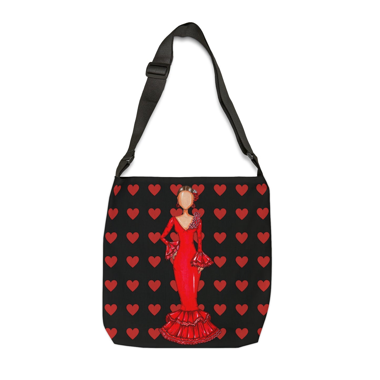 a black and red bag with a picture of a woman in a red dress