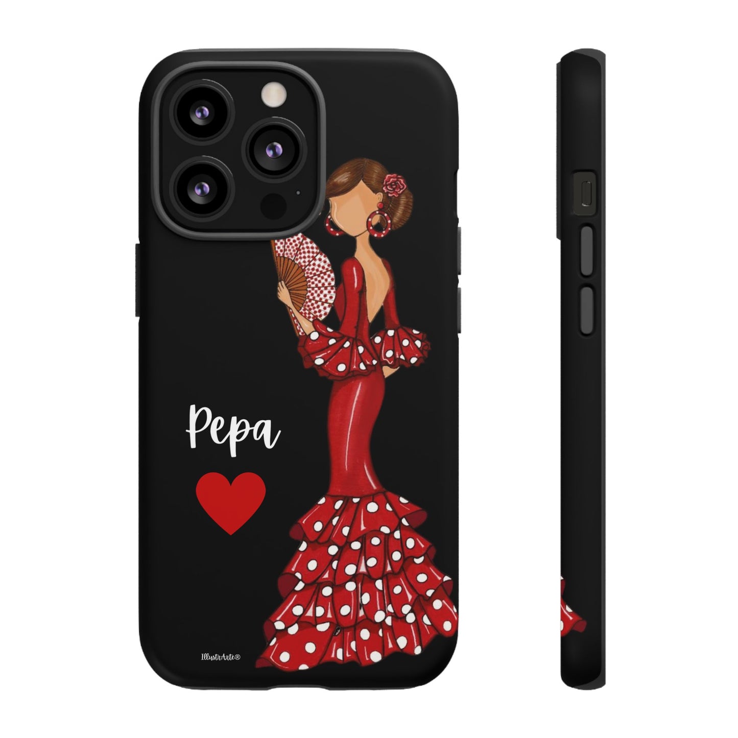 una funda de teléfono con una mujer en un vestido rojo