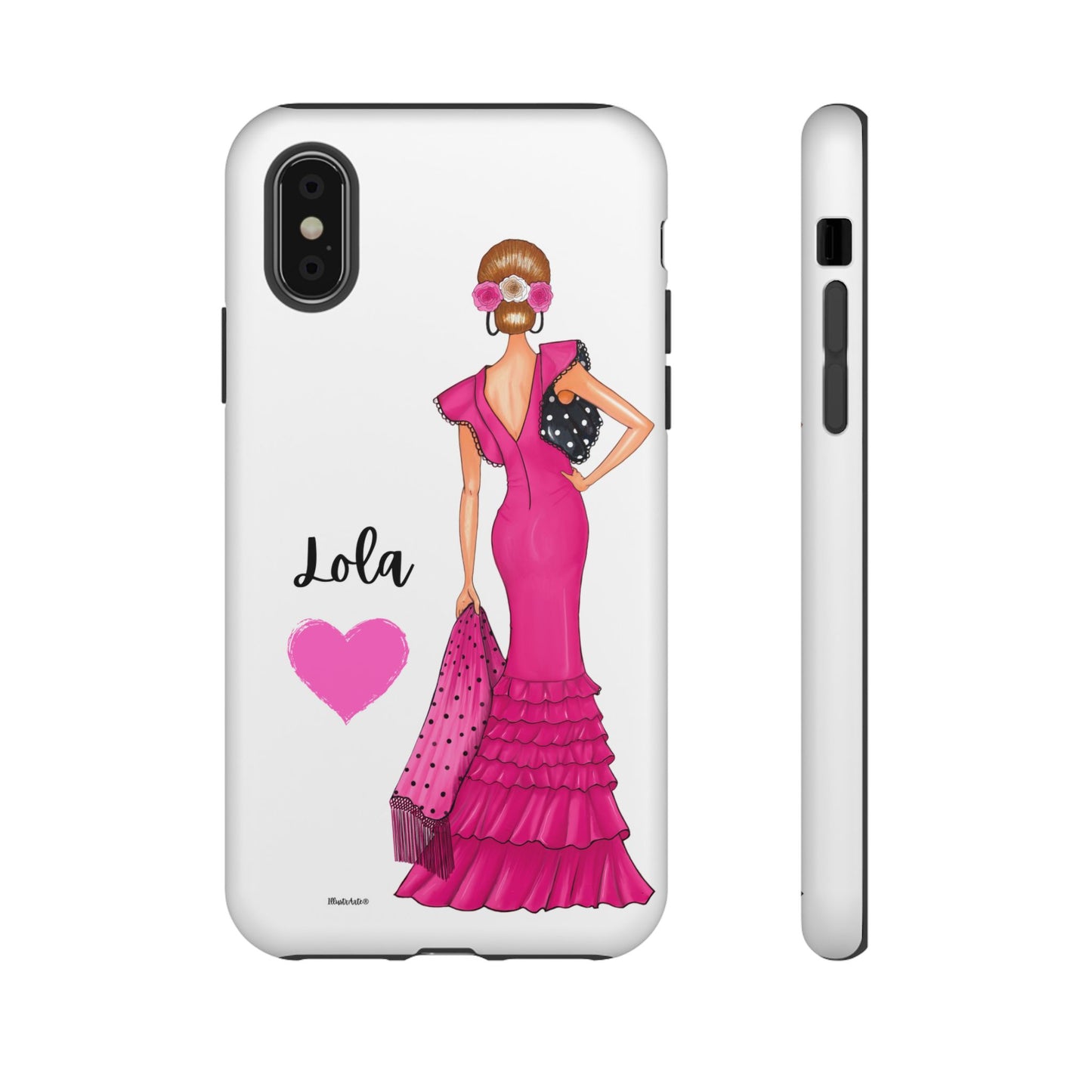 Funda de teléfono personalizable con nombre/bandera/Virgen - Modelo Manuela vestido rosa, ideal para mantener tu teléfono seguro.