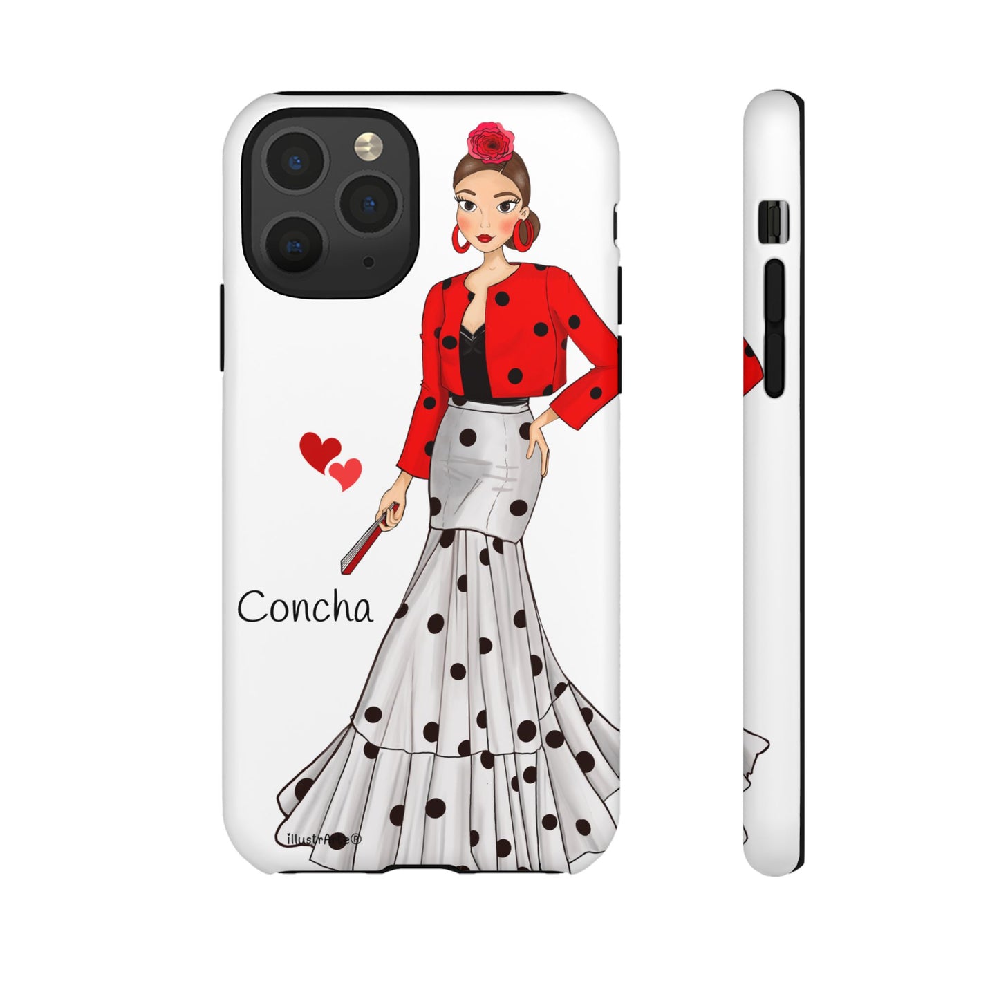 Primer plano de la funda de teléfono personalizable con nombre y diseño exclusivo de la Virgen - Modelo Conchita. Ideal para iPhone, Samsung y Google Pixel.