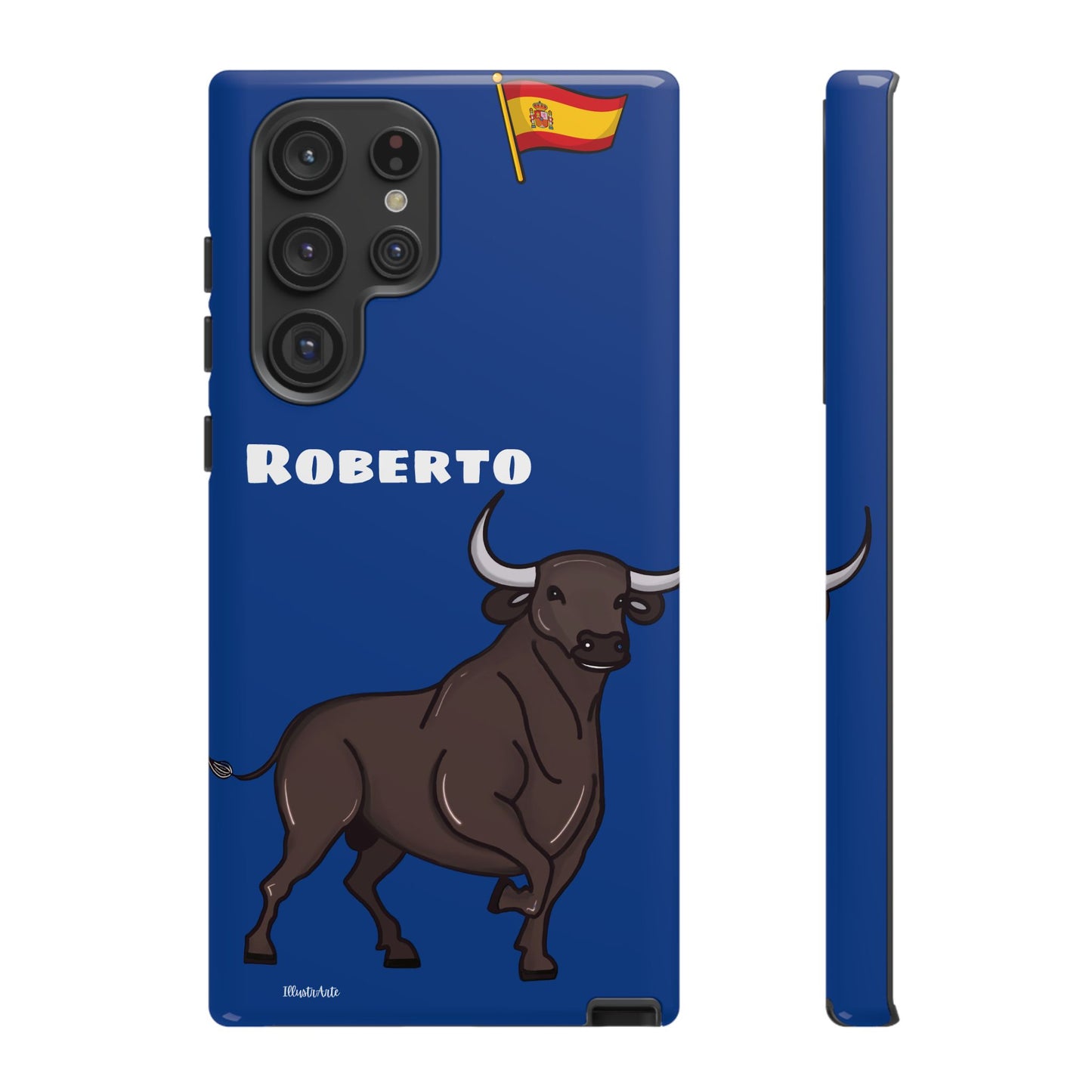 una funda de teléfono azul con un toro en ella