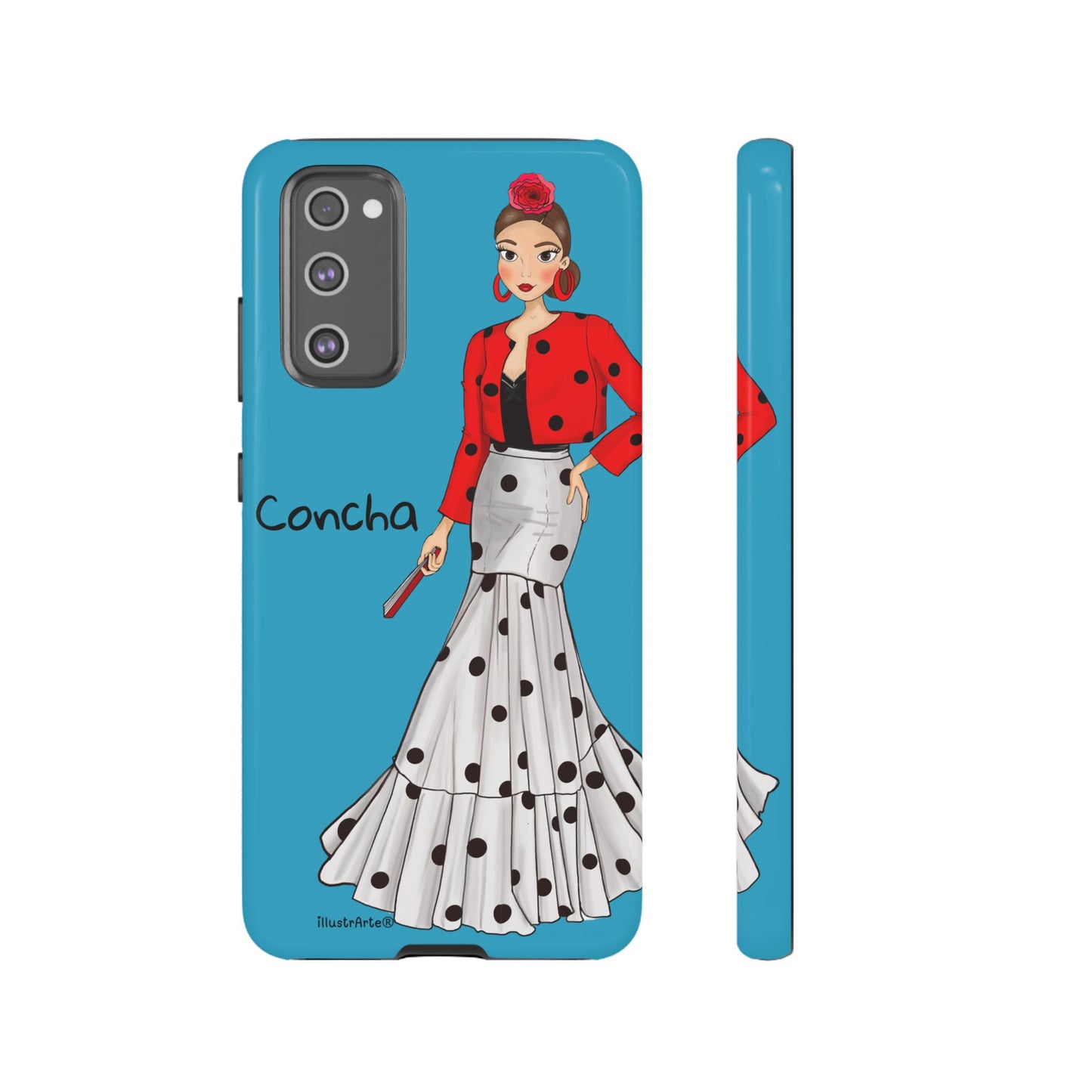 Funda de teléfono flair personalizable, Modelo Conchita fondo azul, diseñada para todos los modelos populares.