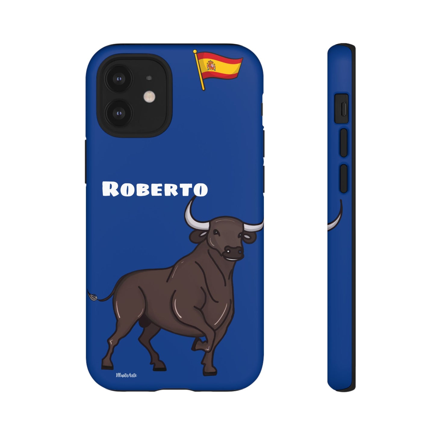 una funda de teléfono azul con un toro en ella