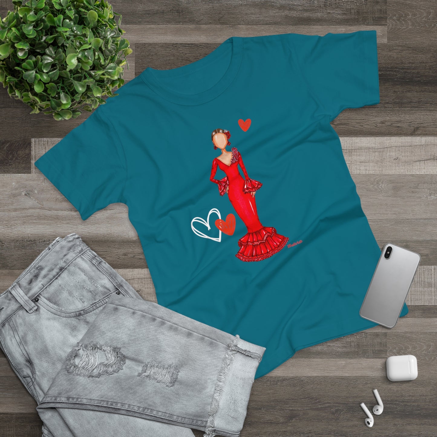 a t - shirt with a picture of a woman in a red dress