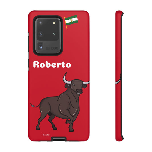 una funda de teléfono roja con un toro en ella