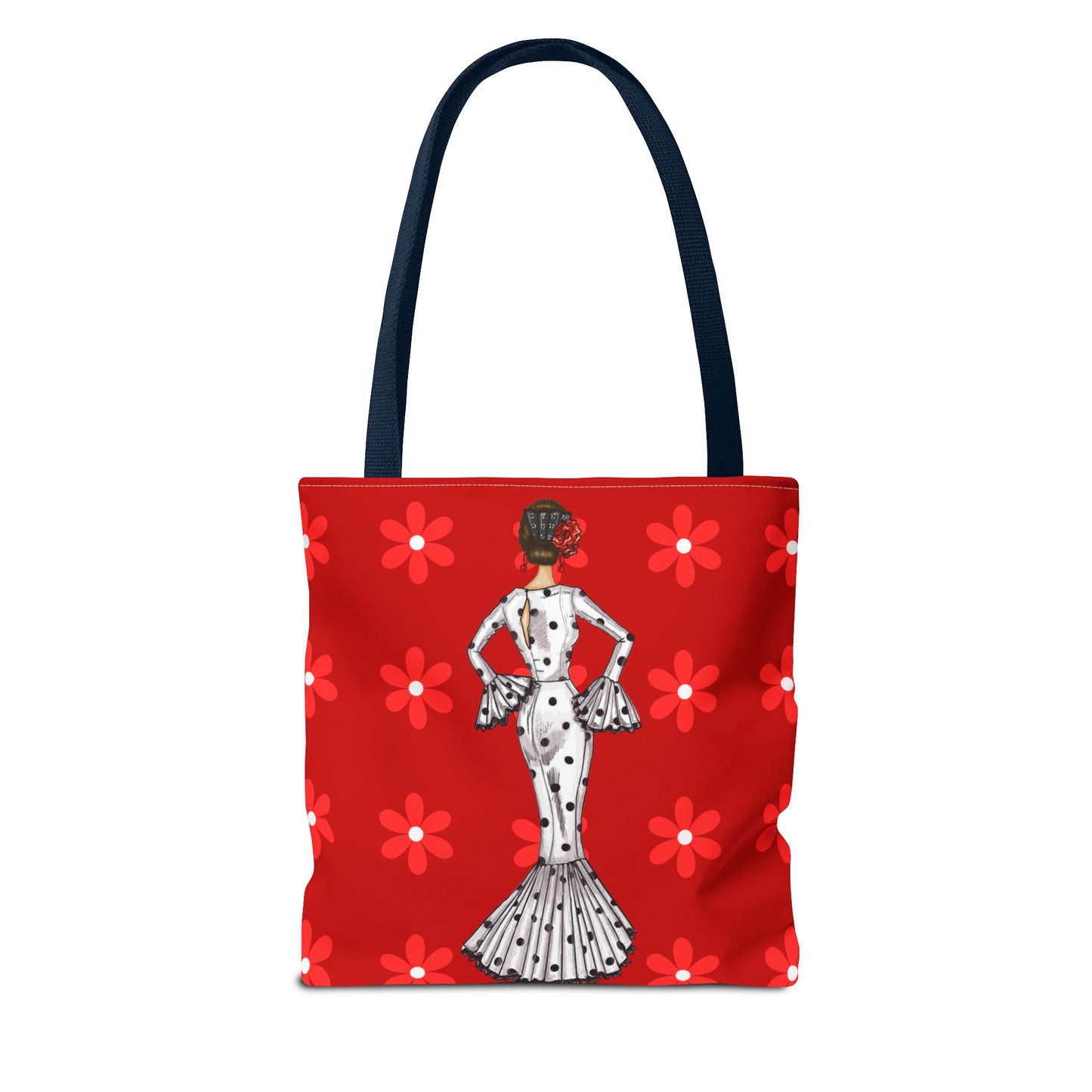 a red tote bag with a picture of a woman on it