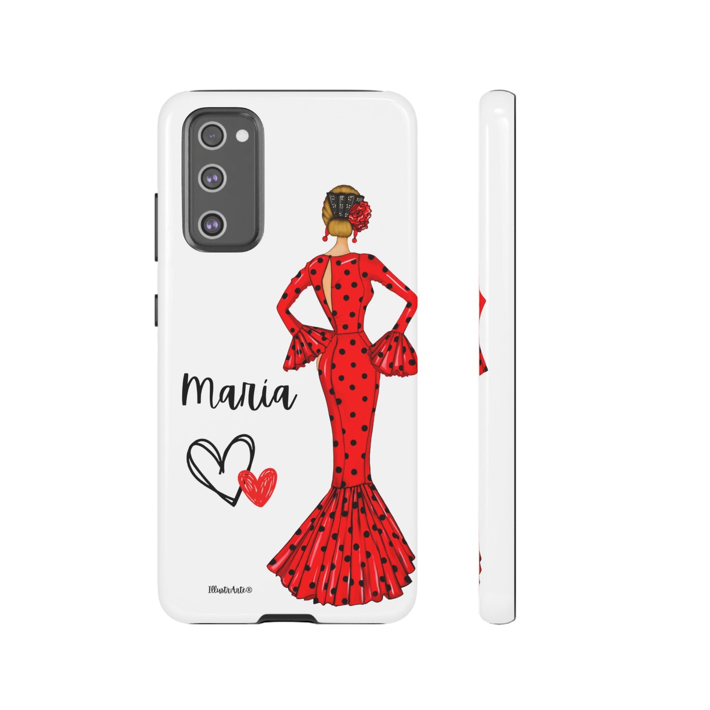 una funda de teléfono con una mujer en un vestido rojo