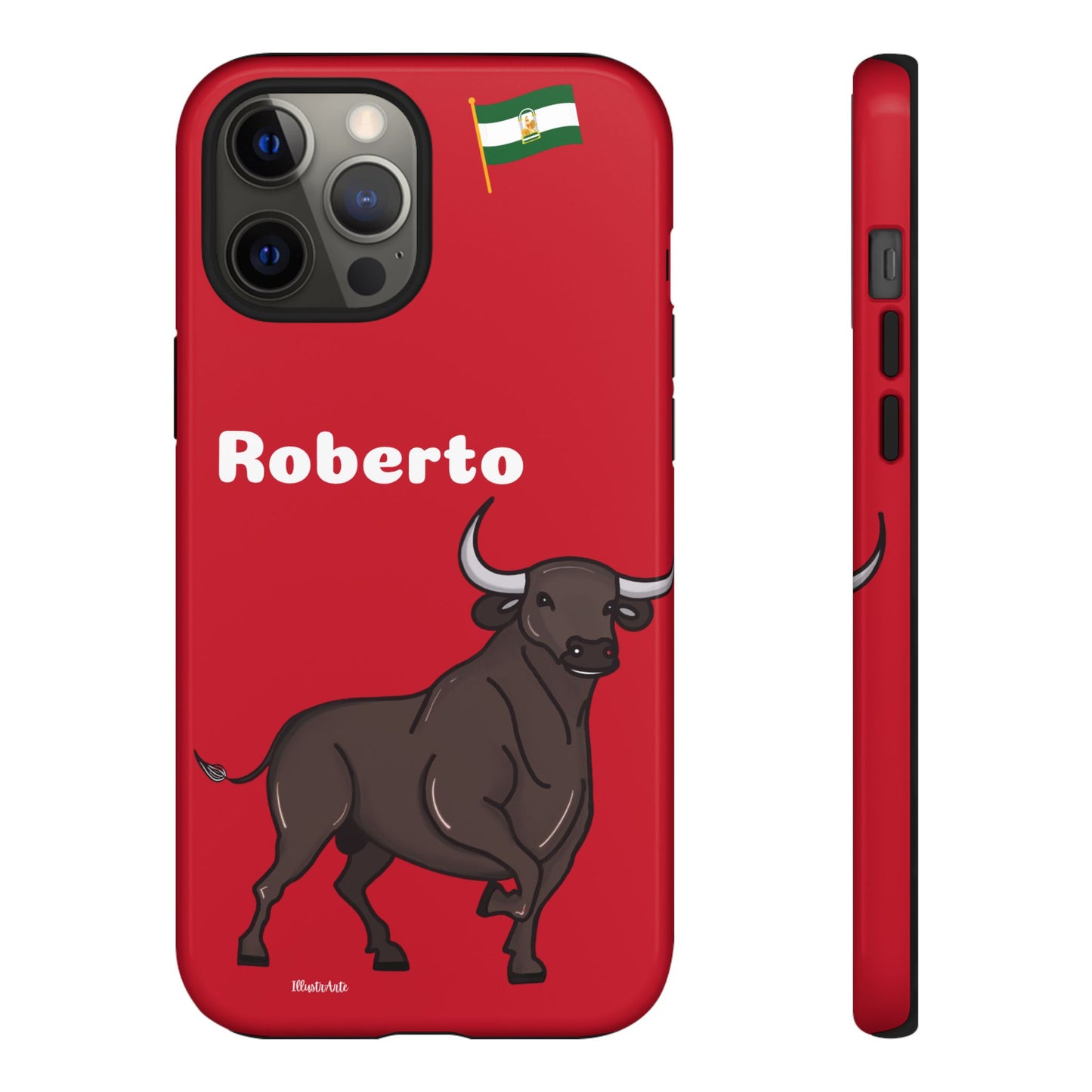 una funda de teléfono roja con un toro en ella