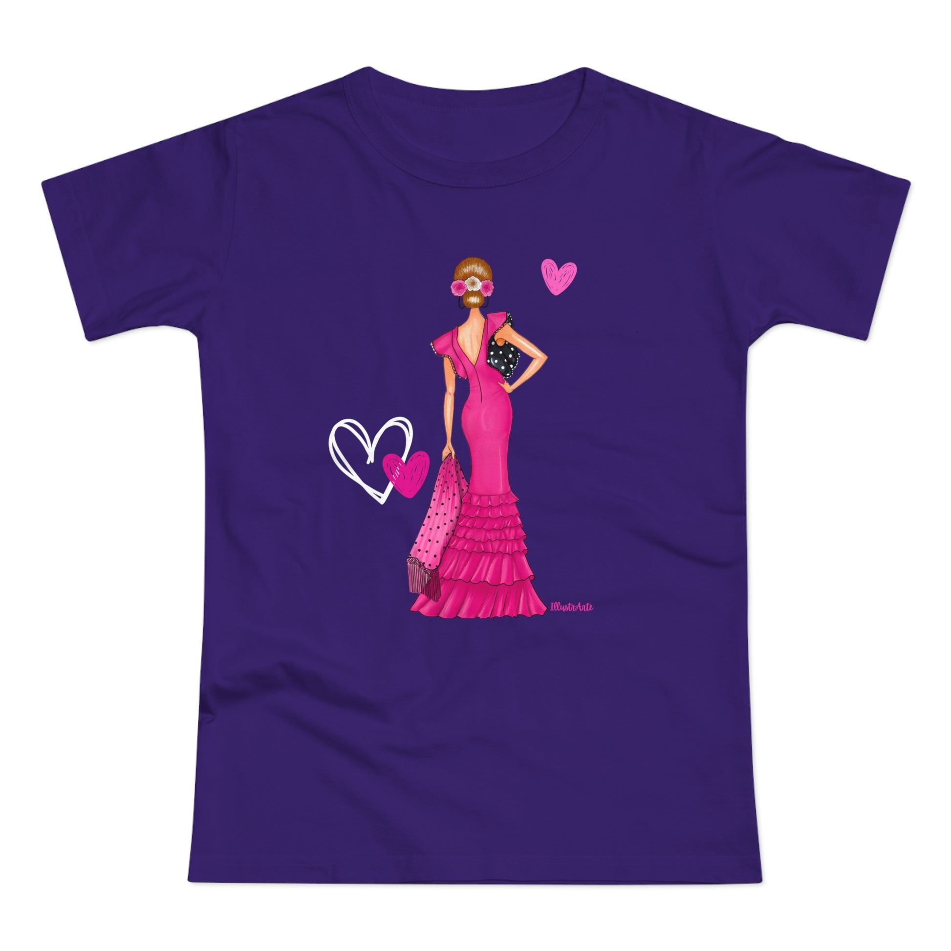 a purple t - shirt with a woman in a pink dress