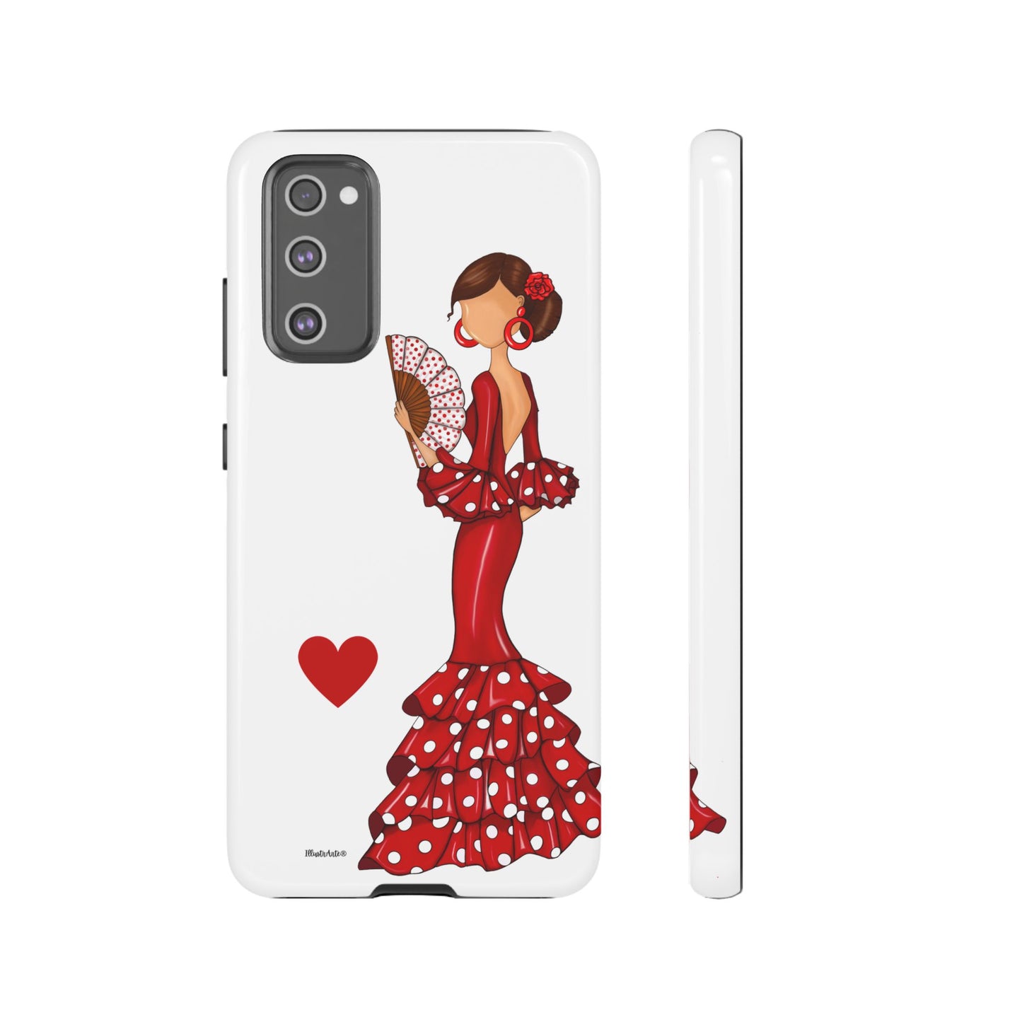 una funda de teléfono con una mujer en un vestido rojo sosteniendo un abanico