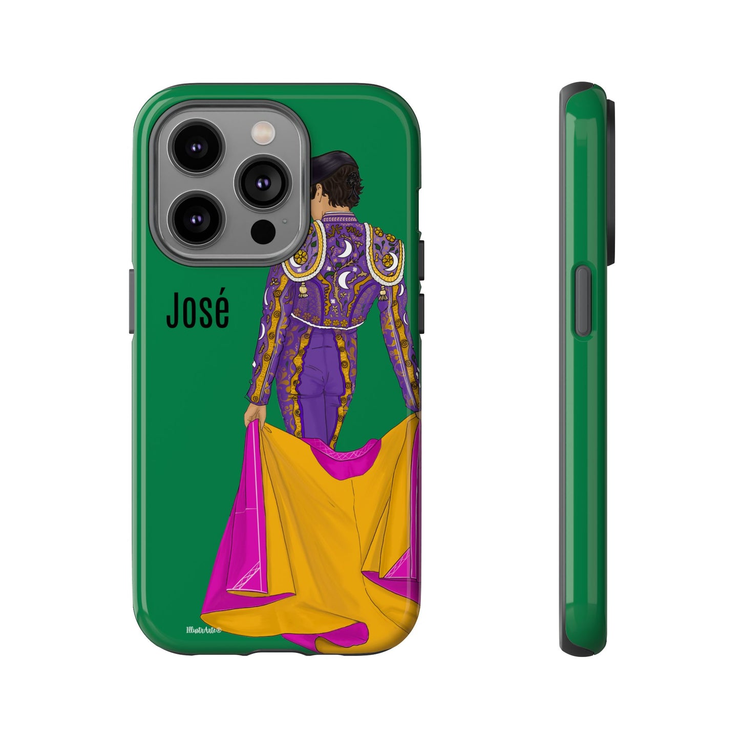 una funda de teléfono verde con una imagen de un hombre en un atuendo púrpura y amarillo