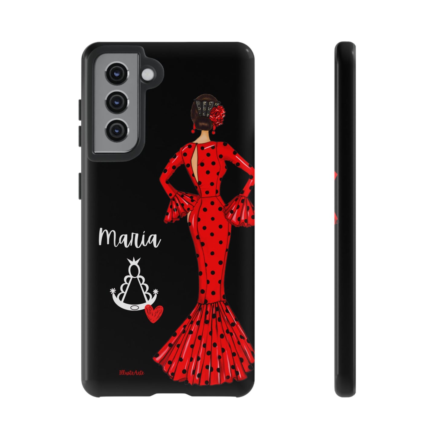 una funda de teléfono con una mujer en un vestido rojo