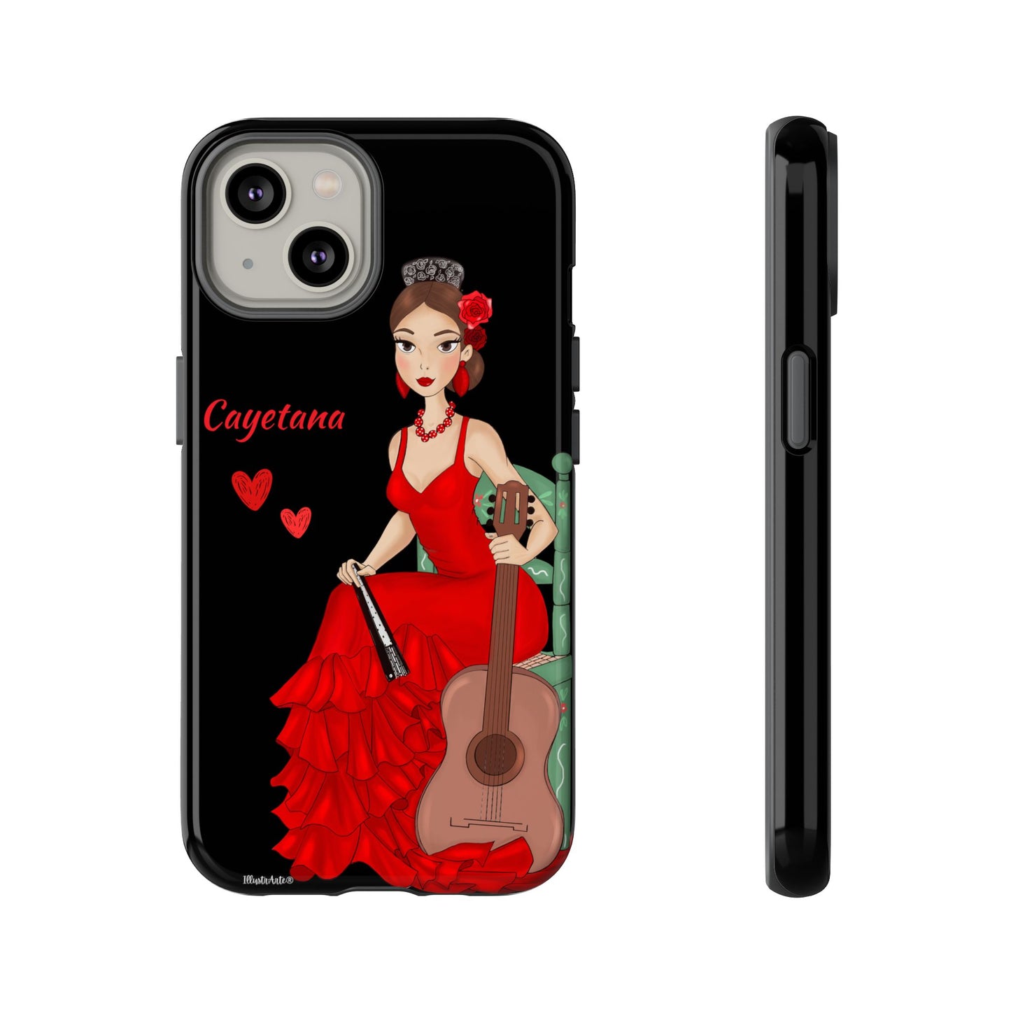 una funda de teléfono con una mujer en un vestido rojo sosteniendo una guitarra