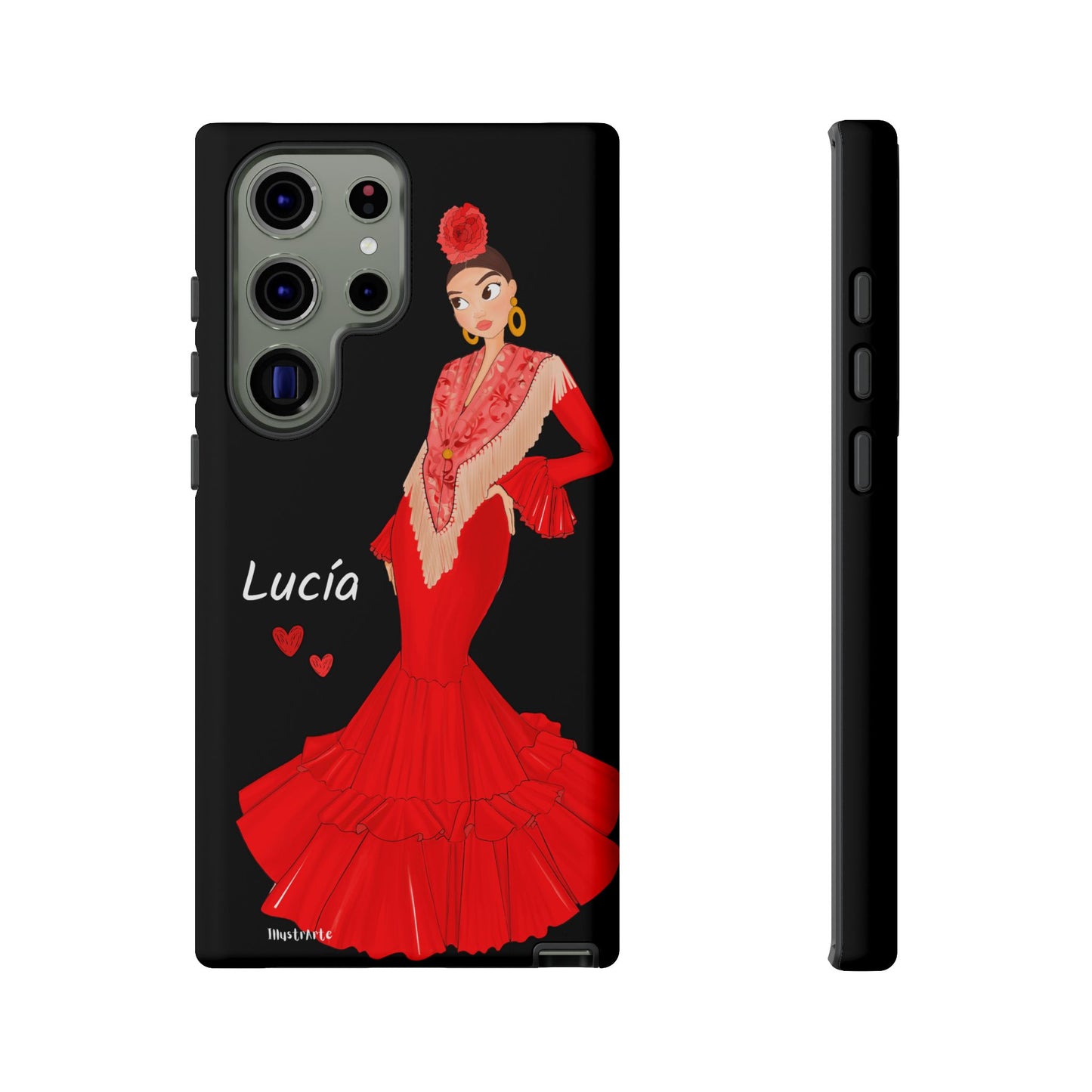 una funda de teléfono con una imagen de una mujer en un vestido rojo