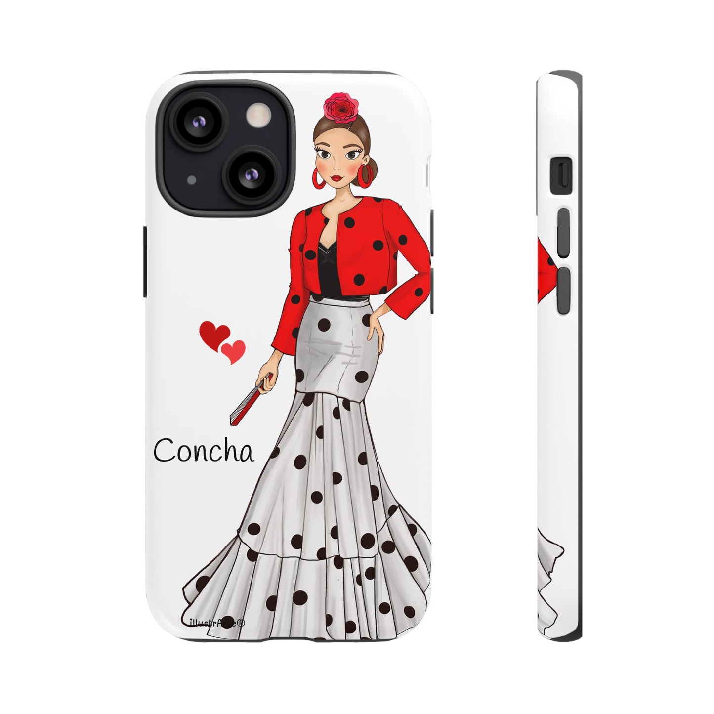 Funda de teléfono personalizable con nombre y diseño atractivo, modelo Conchita para smartphones mostrando sus características.