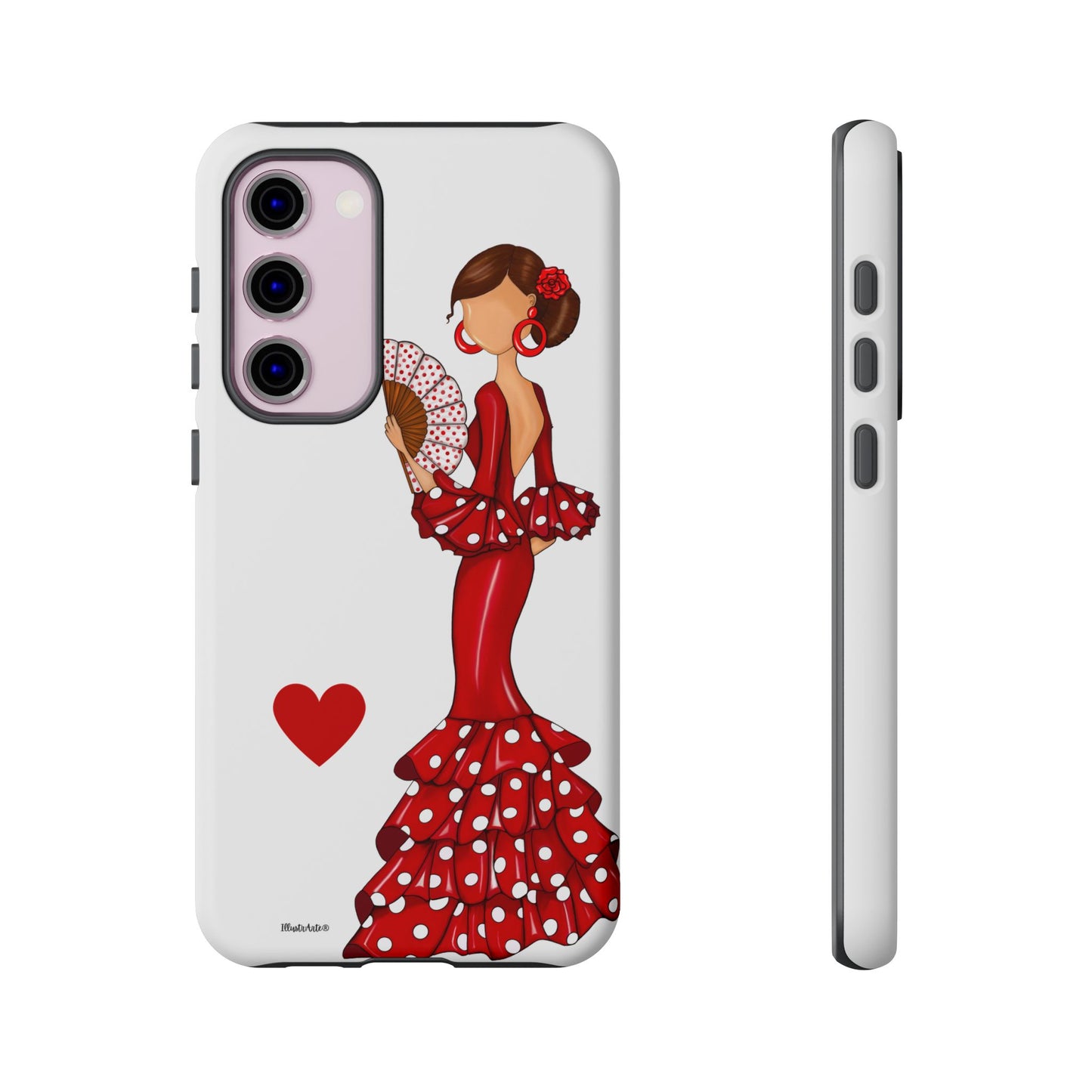 una funda de teléfono con una mujer en un vestido rojo sosteniendo un abanico