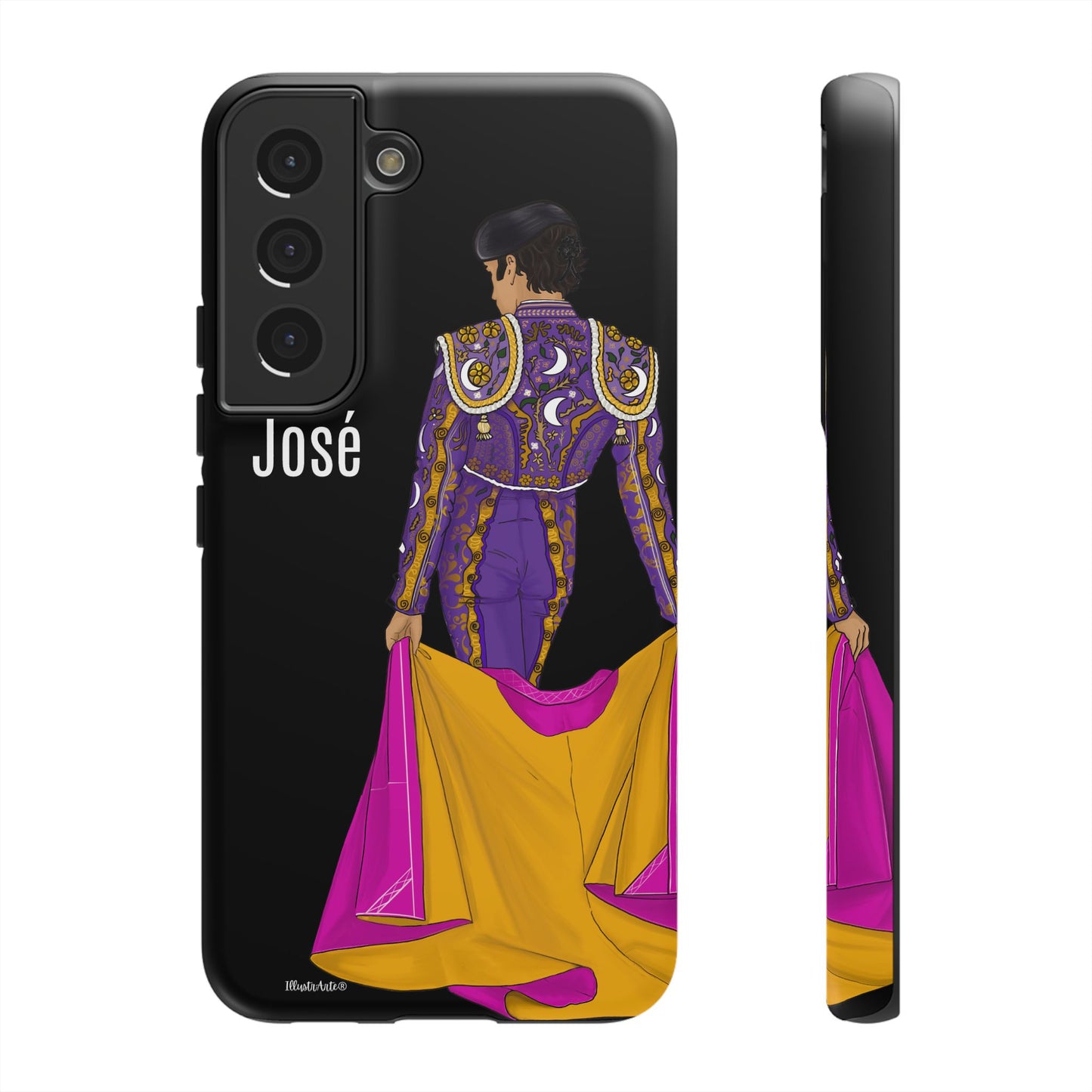 una funda de teléfono con un dibujo de un hombre en un traje morado y amarillo