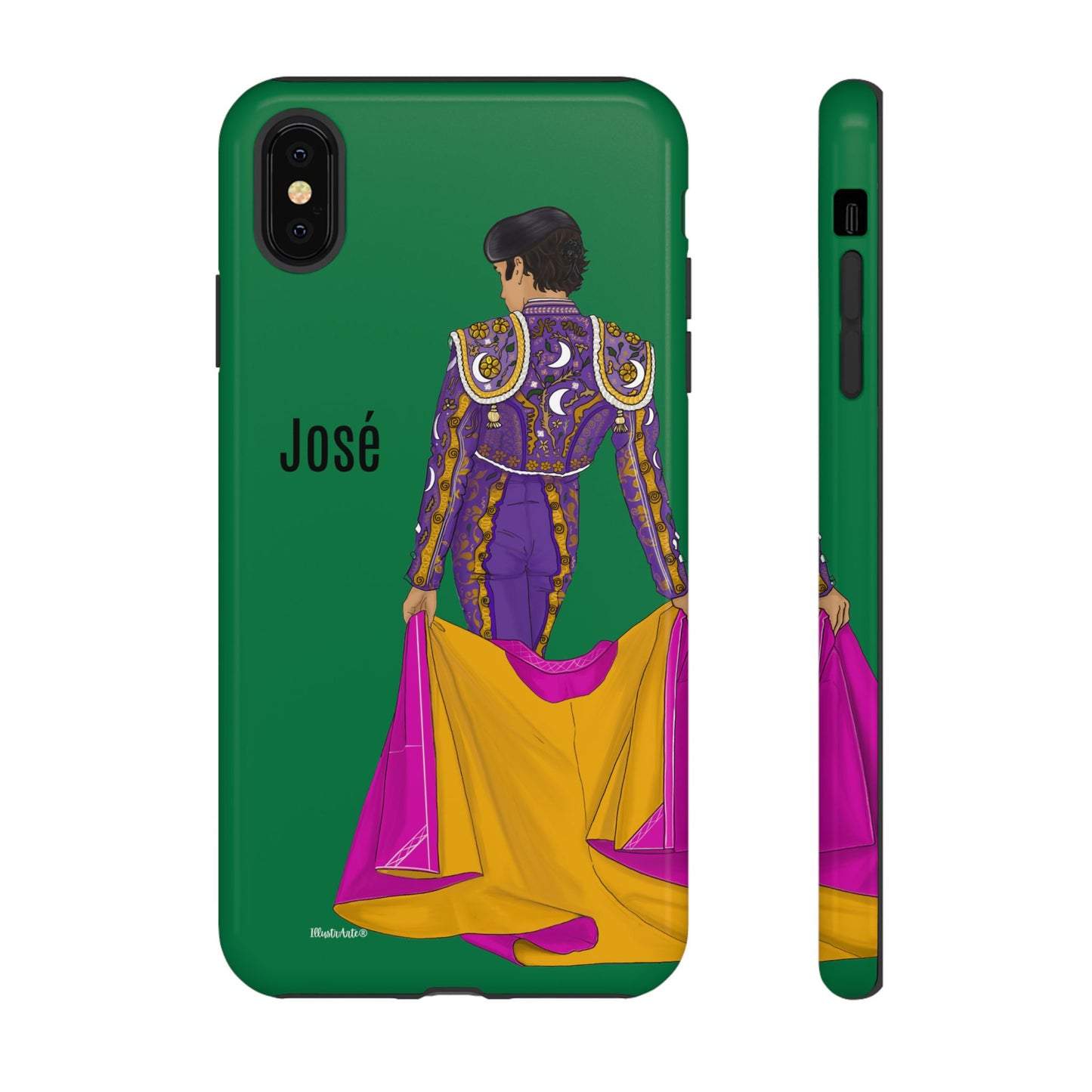 una funda de teléfono verde con una imagen de un hombre en un atuendo púrpura y amarillo