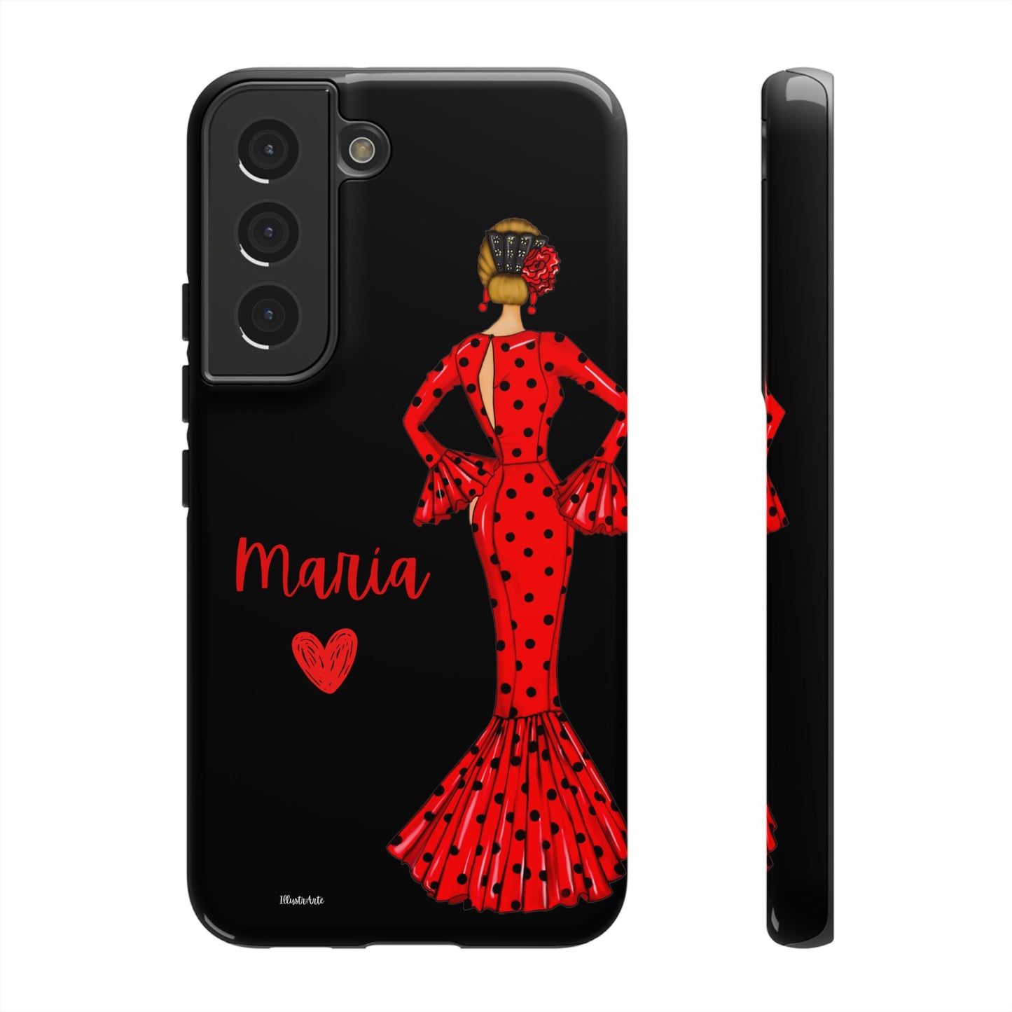 una funda de teléfono con una mujer en un vestido rojo