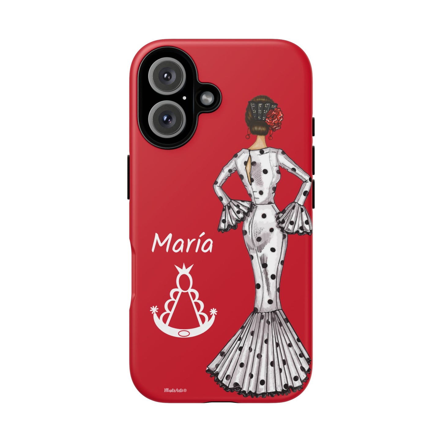 una funda de teléfono roja con una imagen de una mujer en un vestido