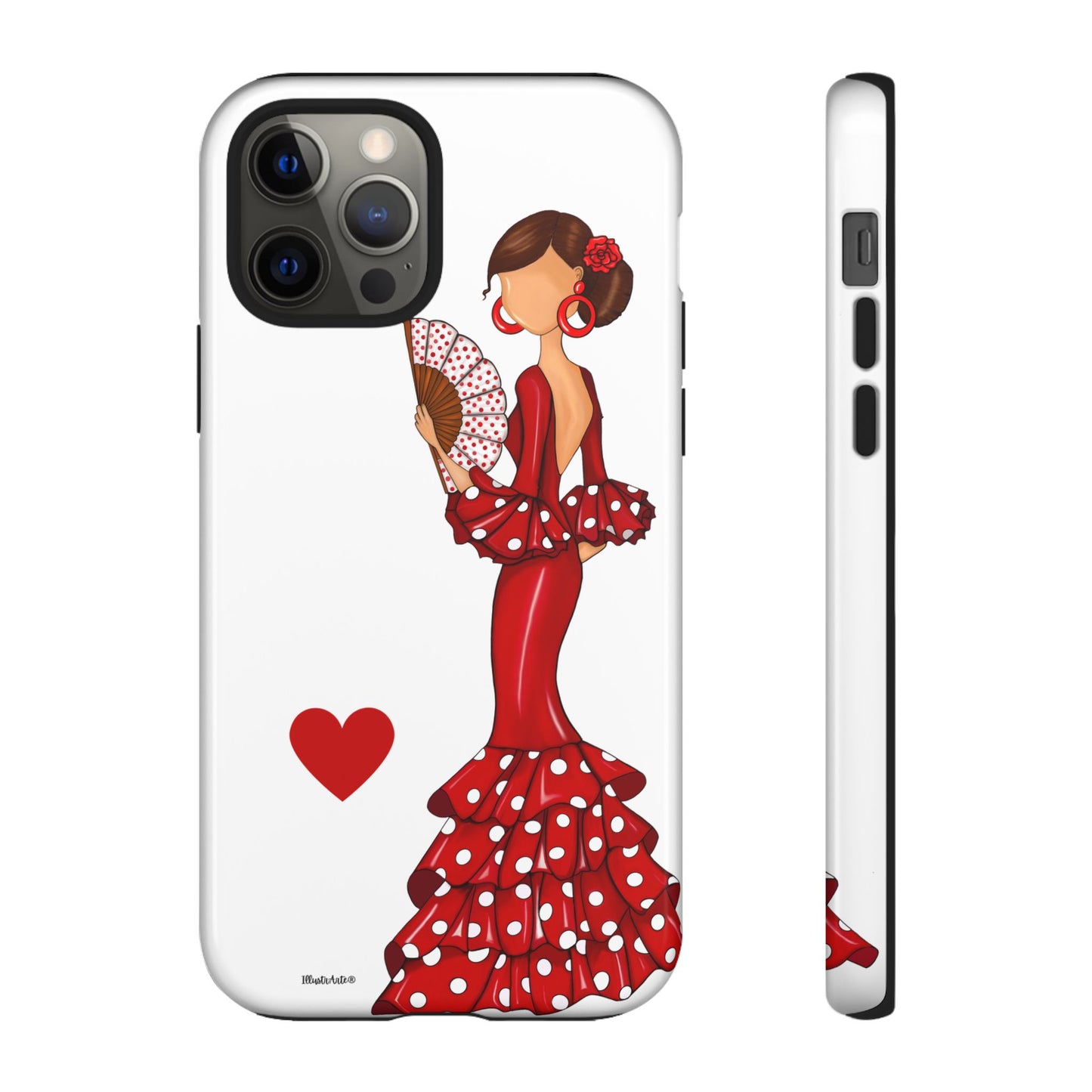 una funda de teléfono con una mujer en un vestido rojo