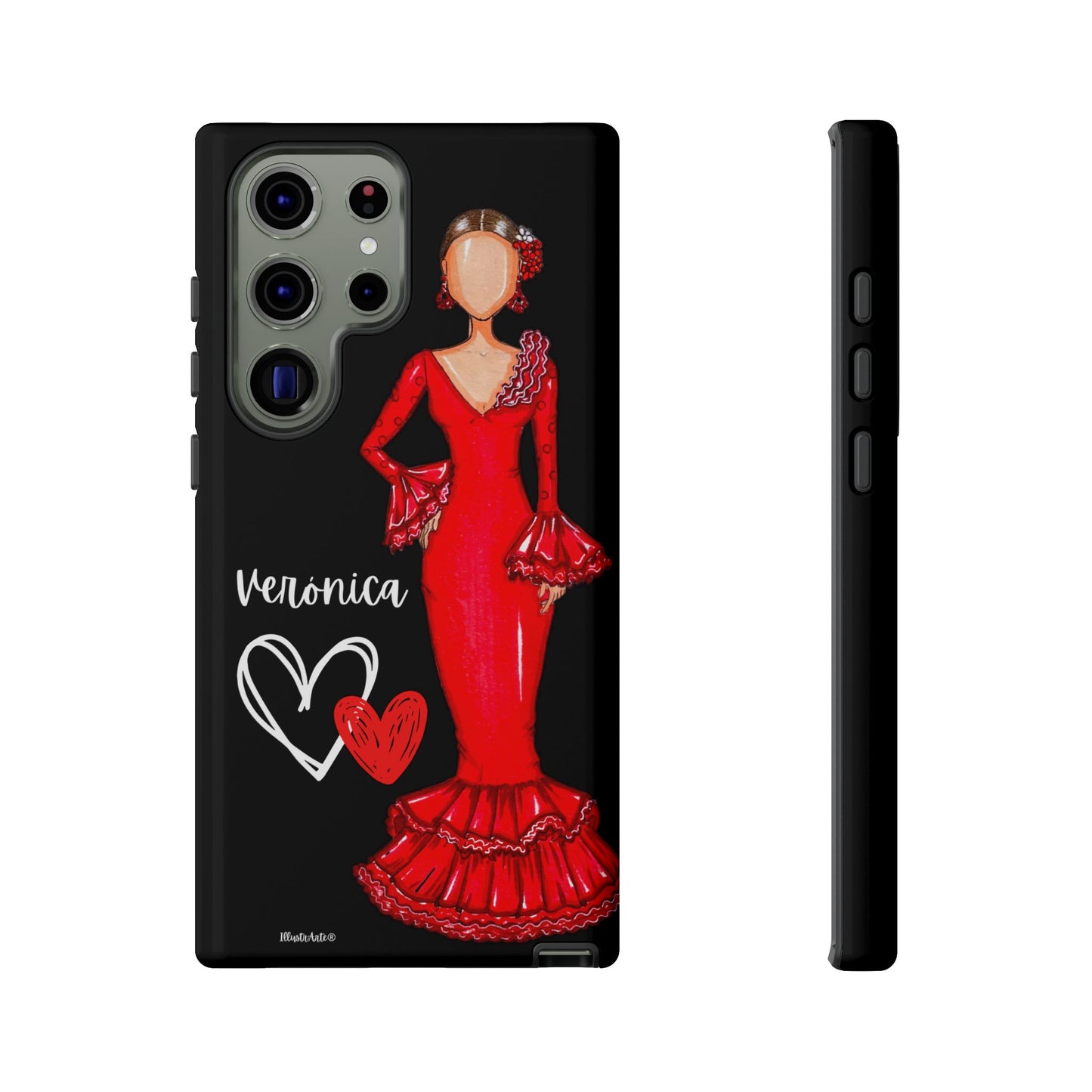 una funda de teléfono con una imagen de una mujer con un vestido rojo