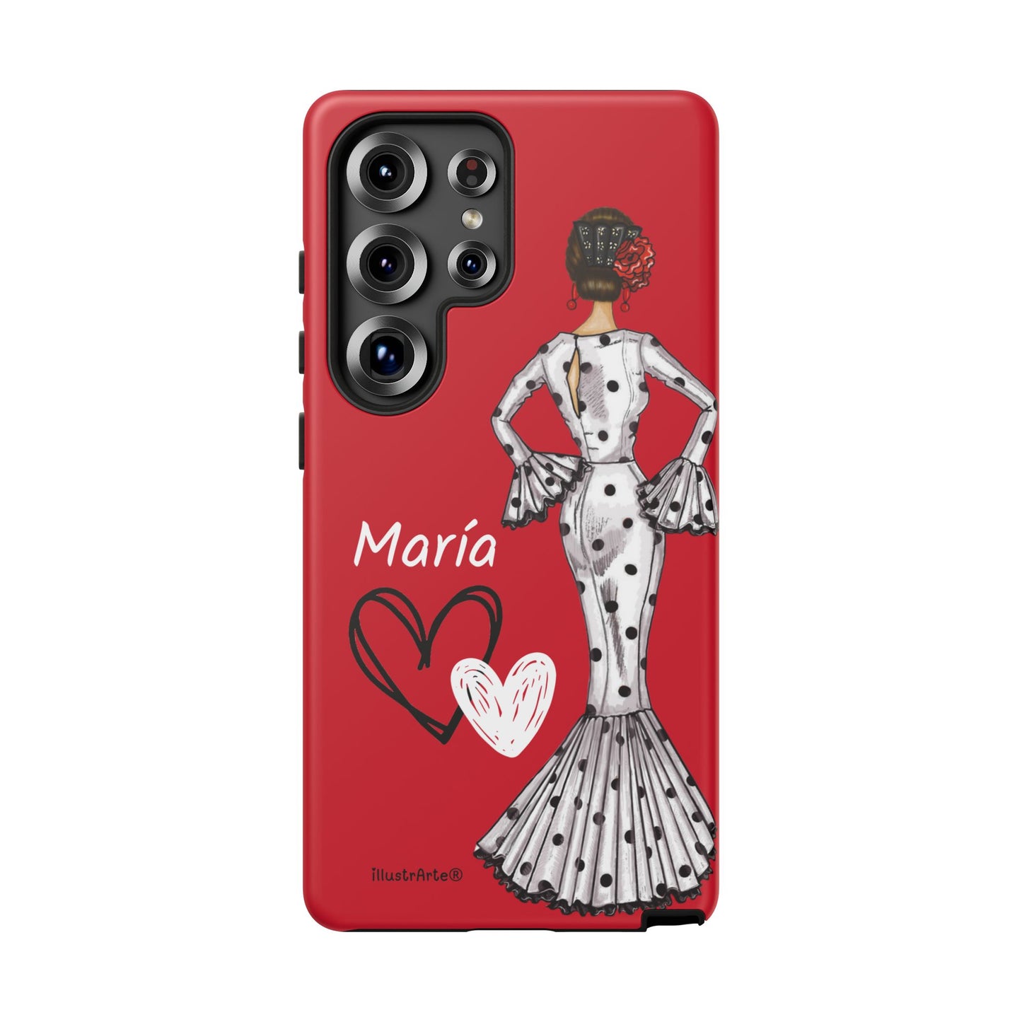 Personalized Maria phone case, white with red hearts background – for iPhone, Samsung, Pixel