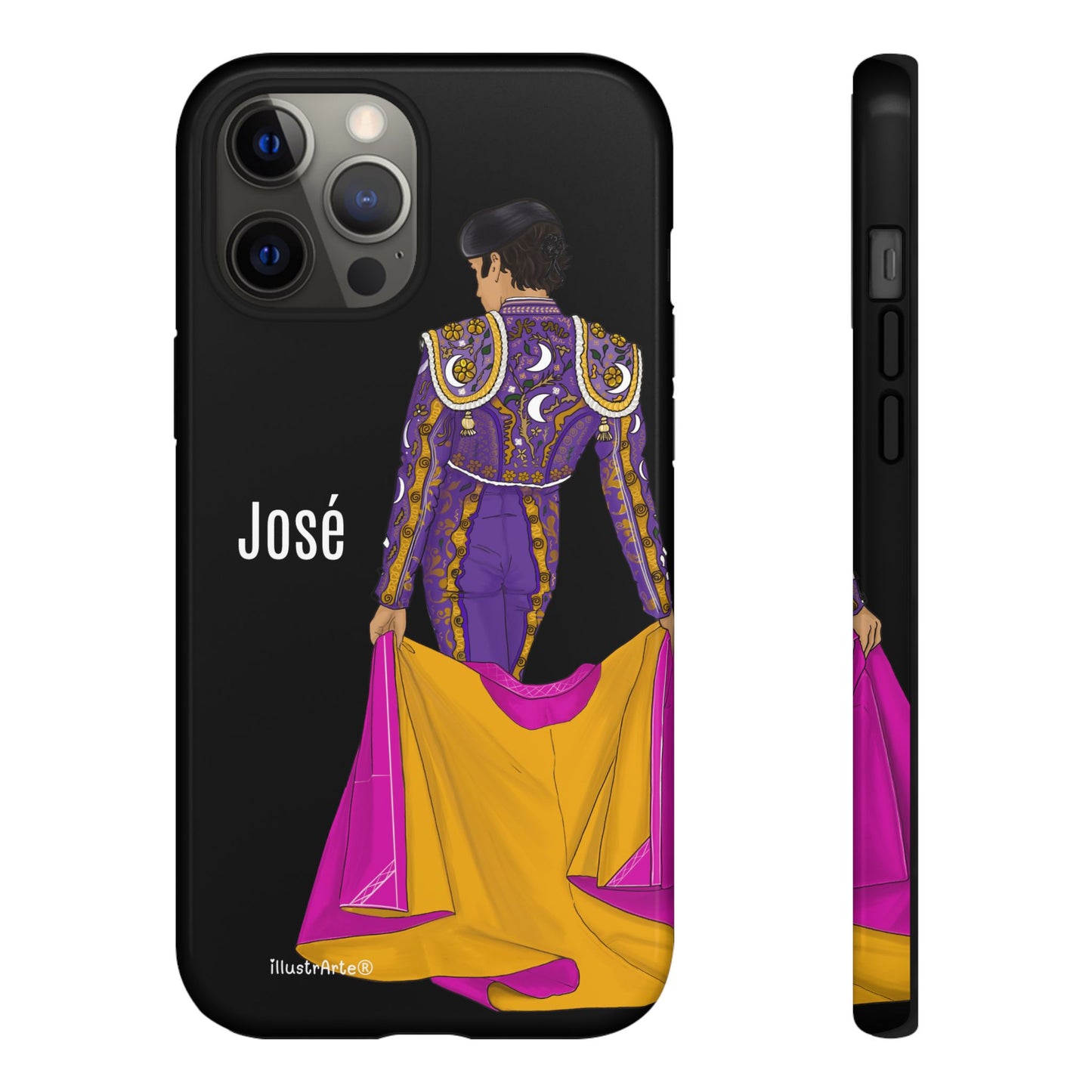 Personalized phone case featuring bullfighter José on a green background – for iPhone, Samsung, Pixel